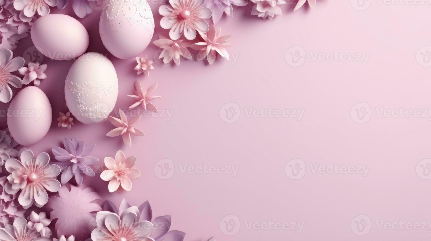 AI generated Frame background with Easter painted Eggs with flowers on light pink peach background. Banner with copy space. Perfect for Easter promotion, spring event, holiday greeting, advertisement. photo