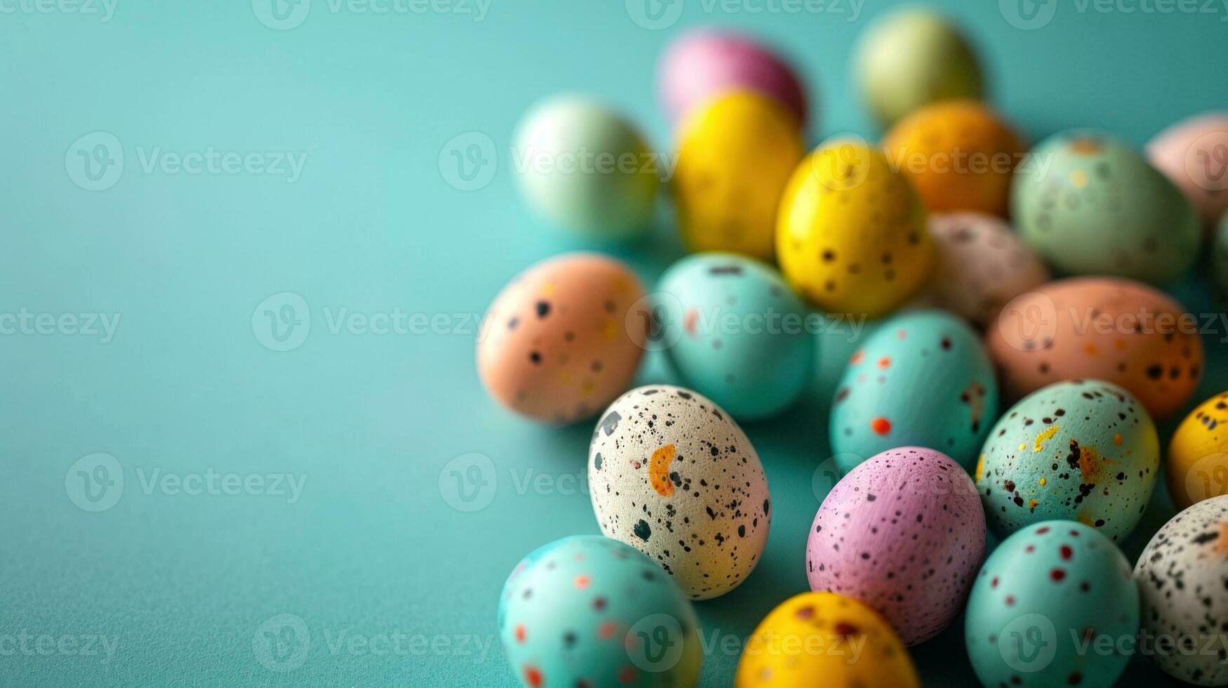 AI generated Colorful painted Easter Eggs with various patterns on blue teal Background. Banner with copy space. Ideal for Easter promotions, spring events, holiday greetings, advertisements, festive photo