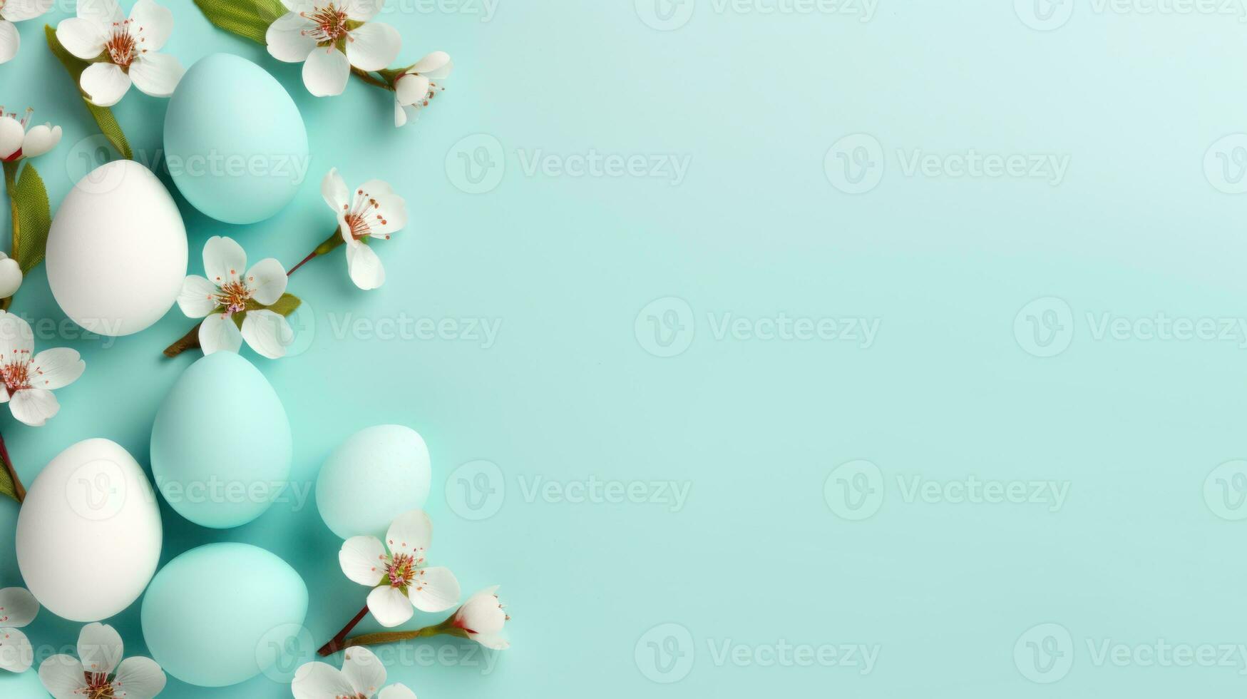 AI generated Frame background with Easter painted Eggs with flowers on blue gradient background. Banner with copy space. Ideal for Easter promotion, spring event, holiday greeting, advertisement photo