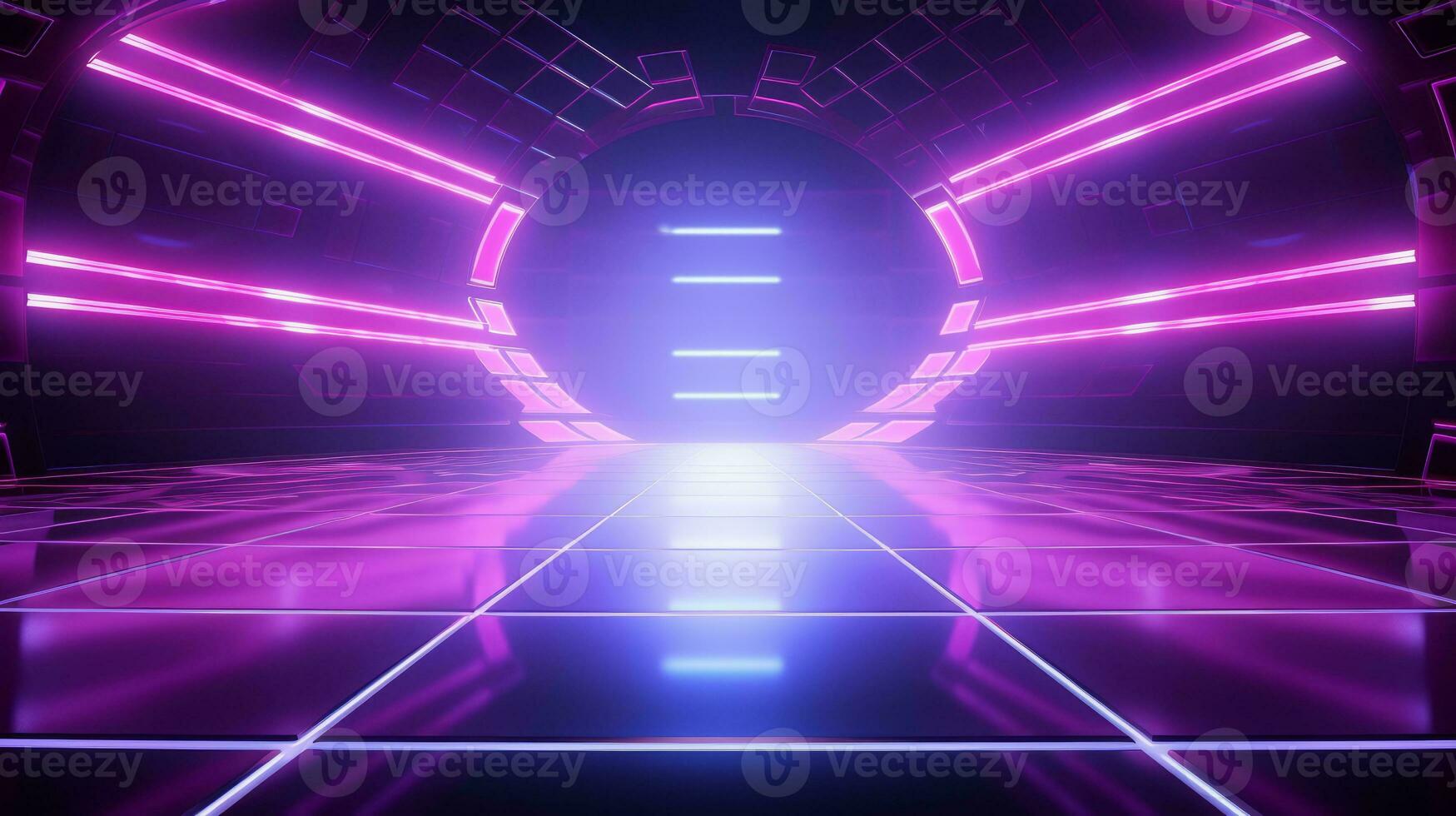 AI generated Vibrant and colorful stage with bright lights and futuristic design. Concert stage with neon lights and a dazzling display. Modern Night Club. Futuristic Dance Floor. Purple photo