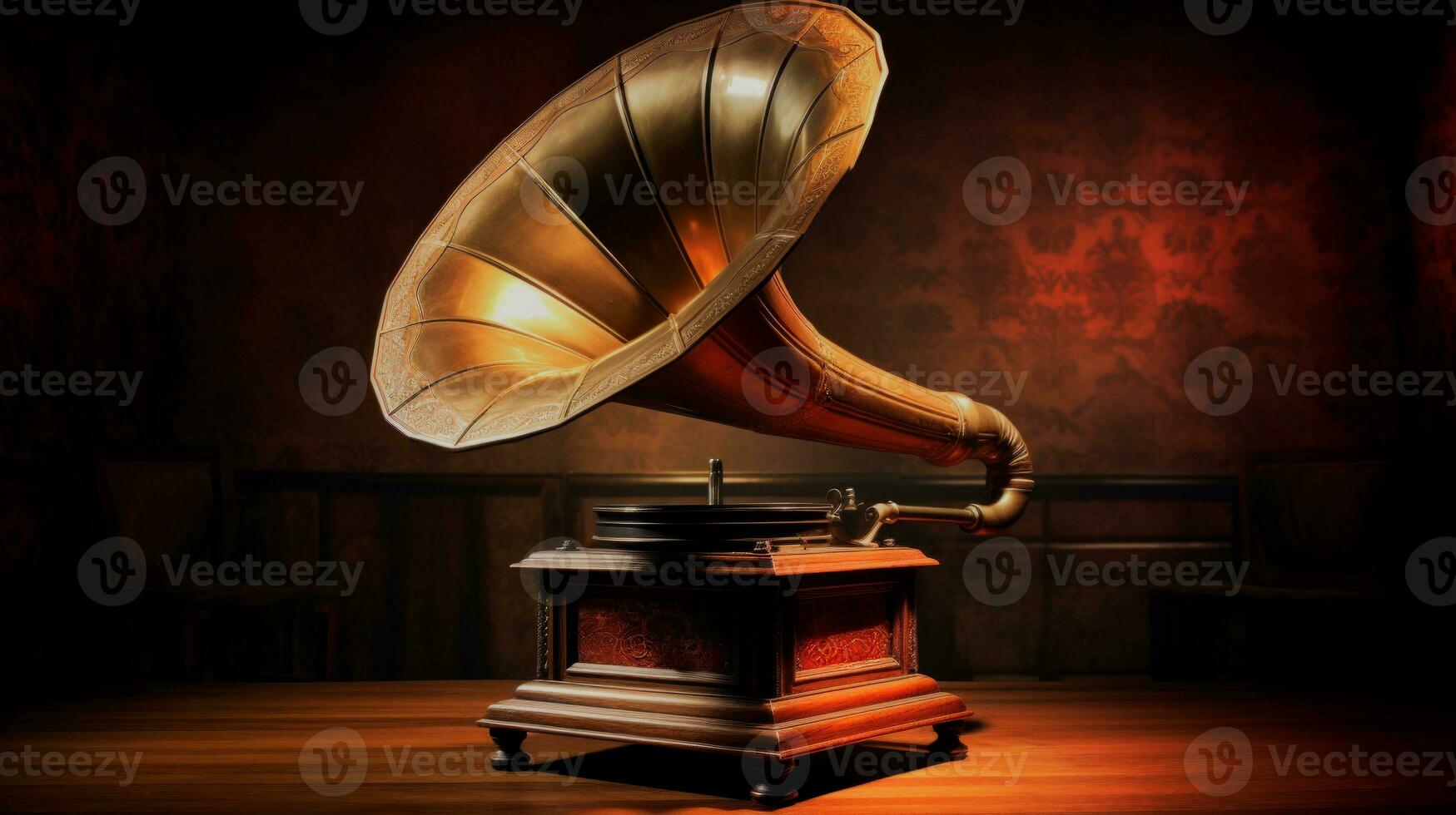 AI generated Old fashioned record player with a prominent horn, set against diffused light. Vintage gramophone. Can be used in blogs, websites about vintage music players, antique collections content. photo