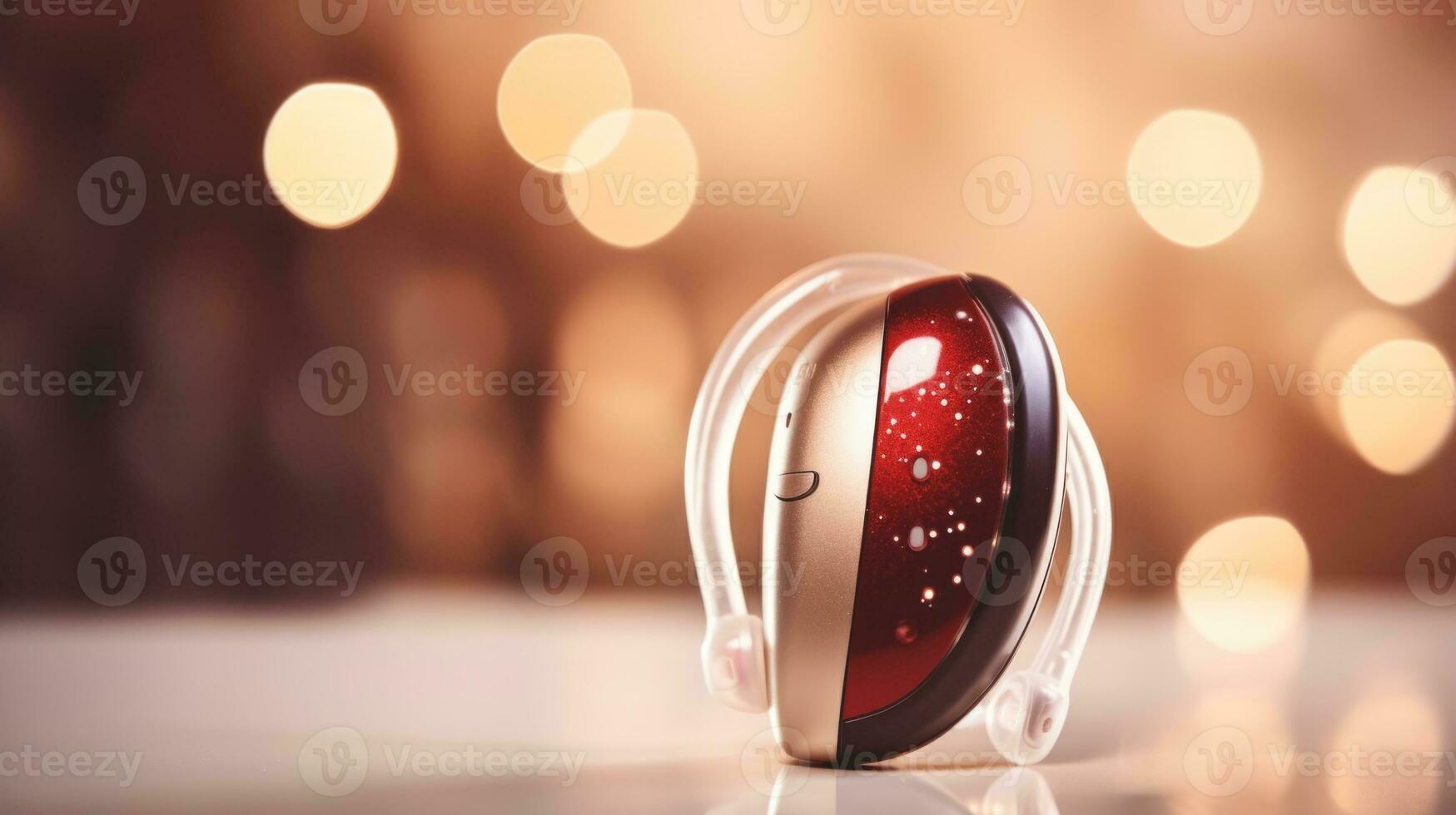 AI generated Modern hearing aid on a blurred background and bokeh. Treatment of people with hearing loss. Banner with copy space. Medicine and science. Suitable for showcasing in medical photo