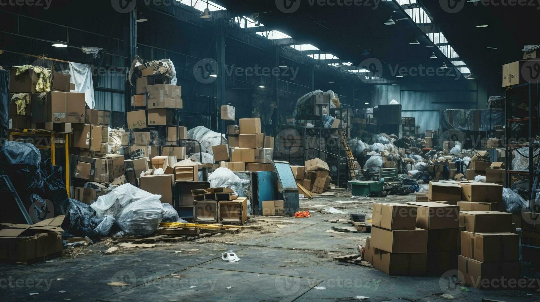 AI generated Industrial warehouse filled with discarded items and waste. Perfect for projects related to waste management or environmental issues, for environmental awareness or waste disposal photo