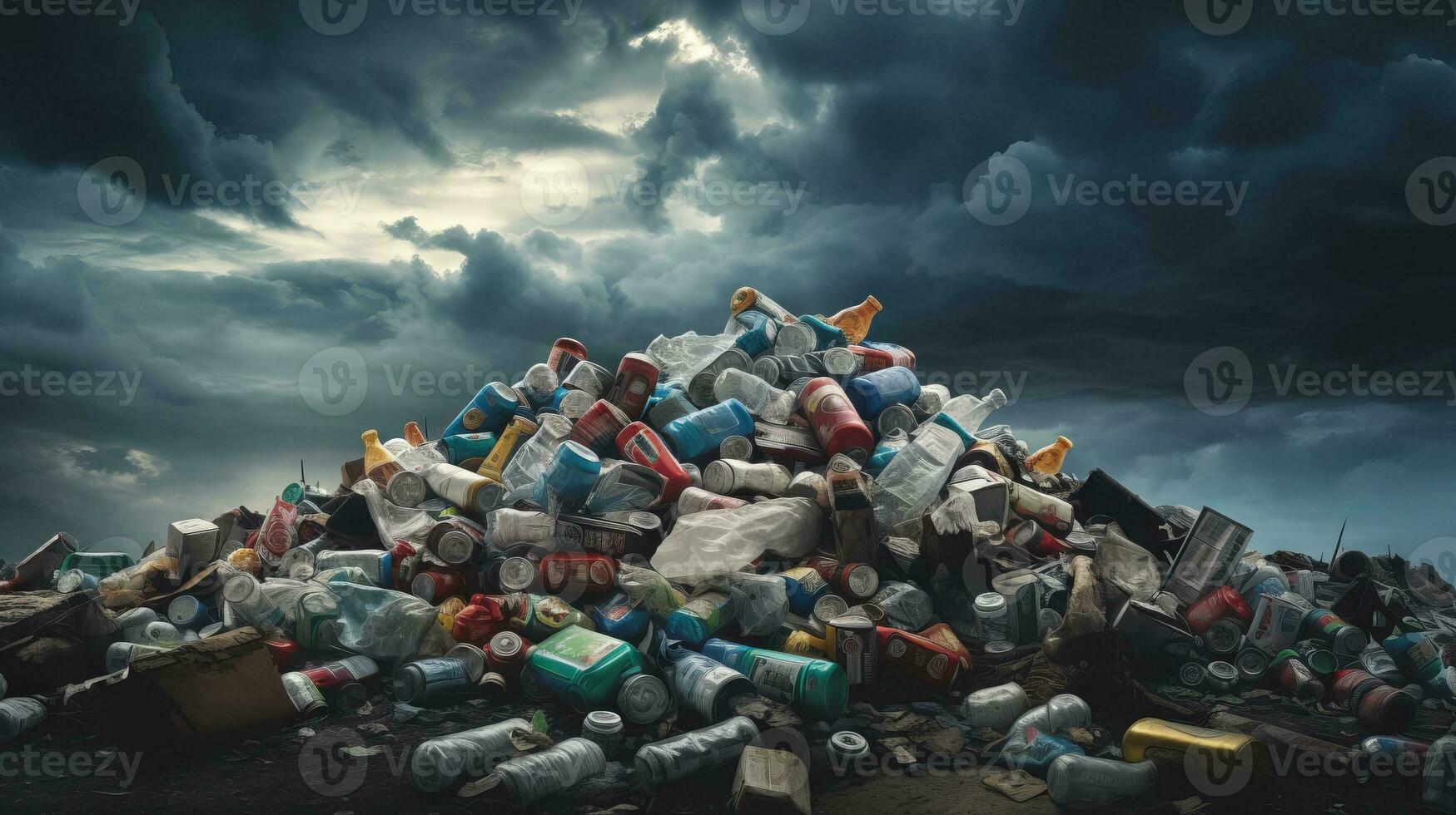 AI generated Large pile of garbage and discarded items under a stormy sky. Landfill with cans, bottles, and other trash. Ideal for waste management, environmental or pollution-related content photo