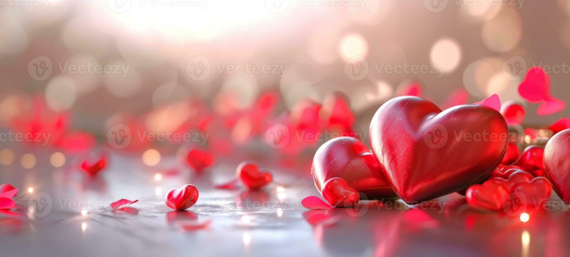 AI generated Banner with copy space for Valentines Day. Red hearts on soft gold bokeh background. Mockup for valentine card, greeting, invitation, postcard, promotion. Ideal for love themed designs. photo