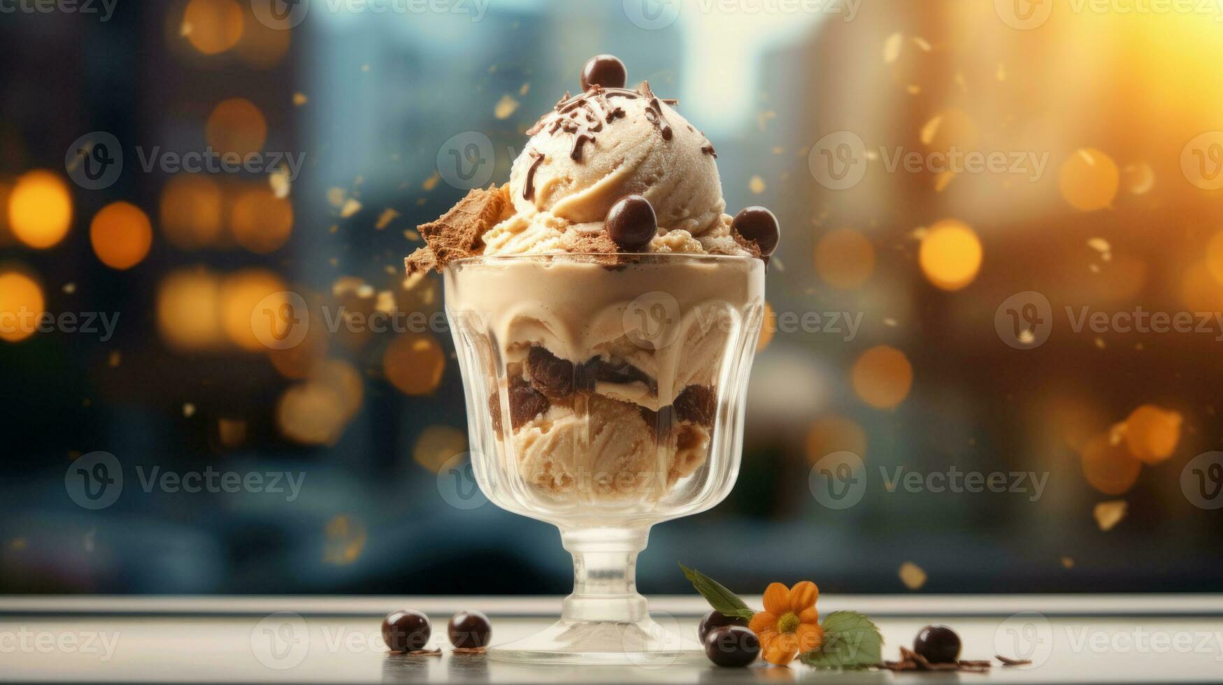 AI generated Chocolate ice cream topped with chocolate pieces in transparent glass on dark blurred background with bokeh. Ideal for dessert menu, food blog, advertisement, magazine, recipe book photo