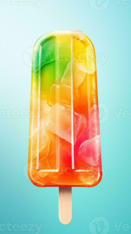 AI generated Close up of multicolored fruit ice cream against a bright backdrop. Yummy Ice lolly. Vertical format. Great for dessert menu, food blog, advertisement, magazine, recipe book, photo