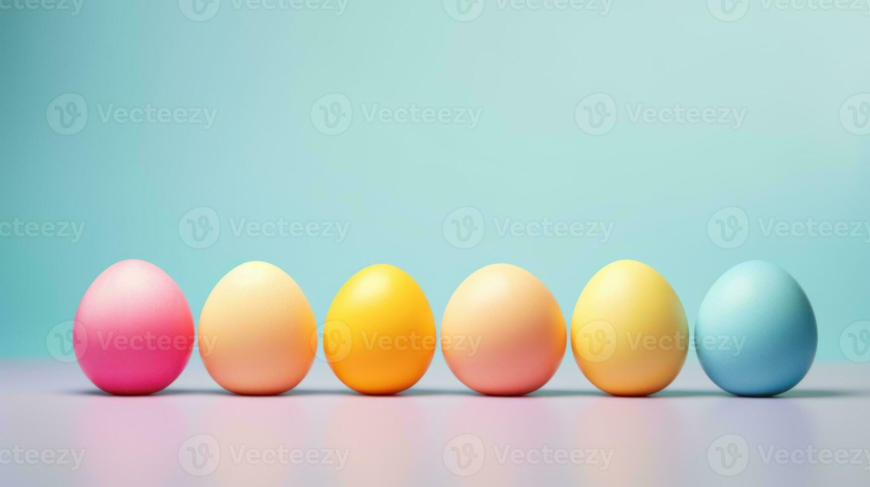 AI generated Easter painted colorful eggs in row on light blue green gradient background. Banner with copy space. Ideal for Easter promotions, spring events, holiday greetings, advertisements, festive photo