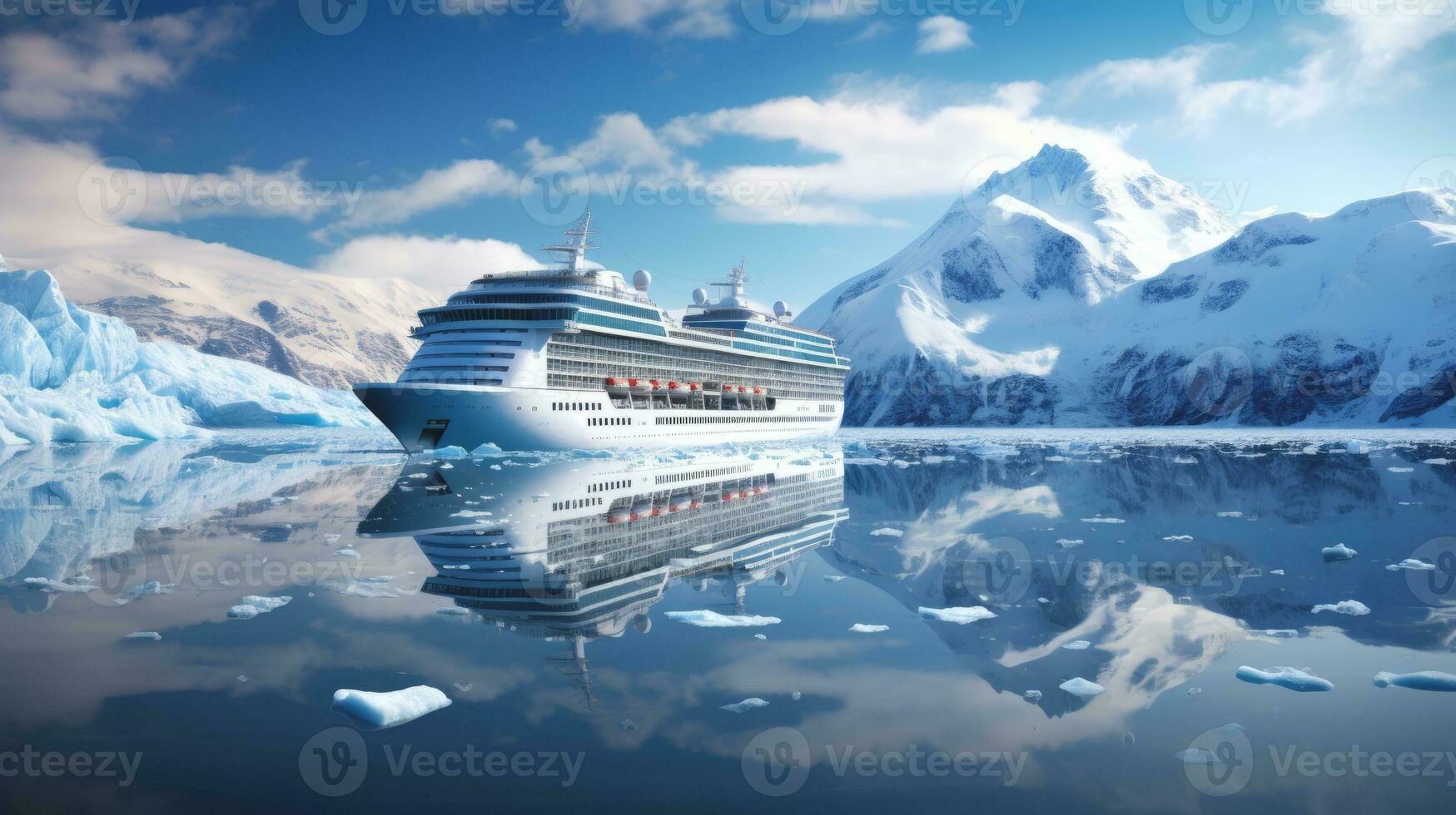 AI generated Cruise Ship Sailing in Icy Waters with Snowy Mountains, glaciers and Icebergs. Arctic Voyage. Polar Expedition. Tourism and travel concept. Good for background, card, banner, poster. photo