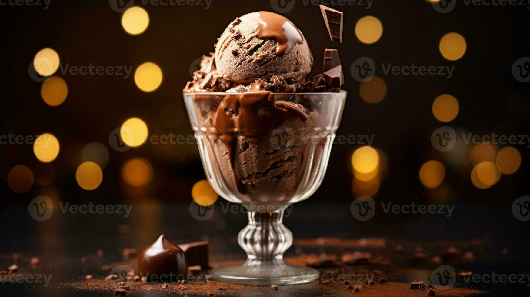 AI generated Chocolate ice cream topped with chocolate pieces in a transparent glass on dark blurred background with bokeh. Ideal for dessert menus, food blogs, advertisements, magazines, photo