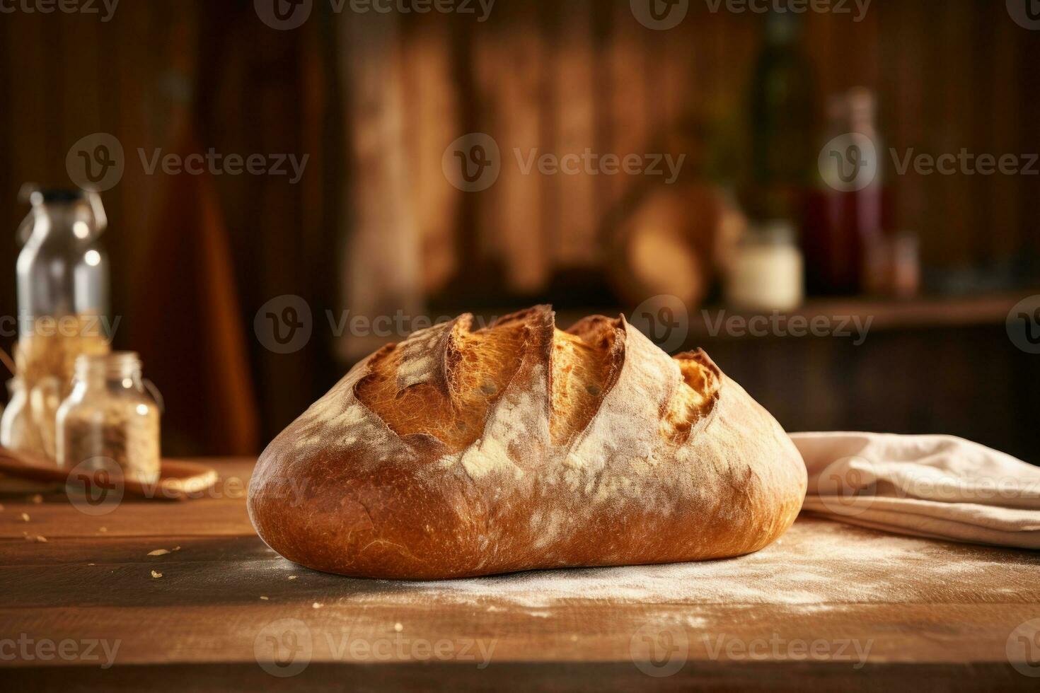 AI generated Bread on wooden table against backdrop of blurred kitchen. Freshly baked loaf of bread with crispy crust. Made from organic whole grain wheat flour. For bakery, food blog, recipe book photo