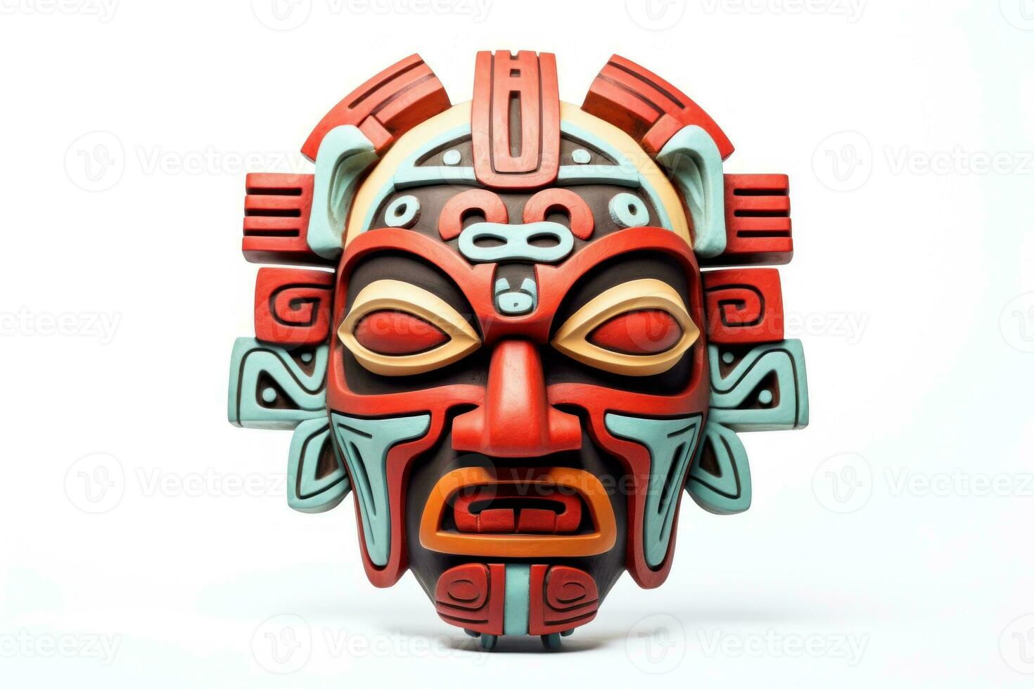 AI generated Carnival red mask for festival. Aztec traditional, ceremonial mask on white background. Warrior mask. Tribal totem. Perfect for travel, art, cultural-themed project. Travel souvenir. photo
