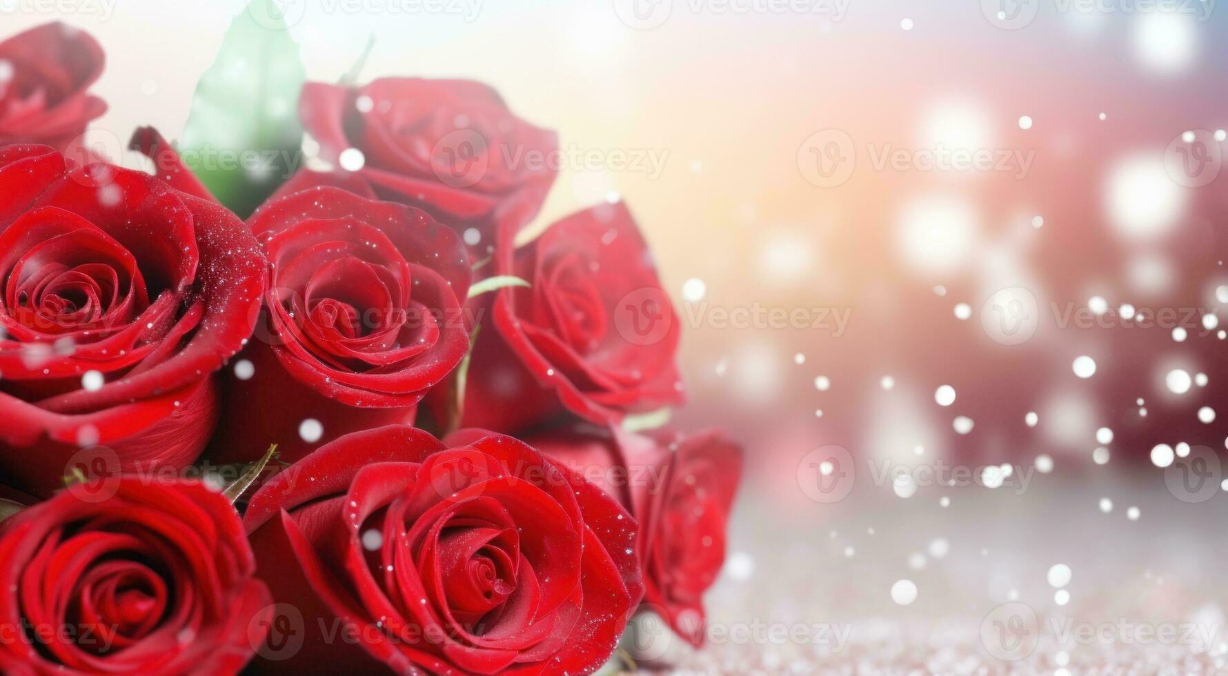 AI generated Red roses bouquet on a light background with glitter and bokeh. Banner with copy space. Perfect for poster, greeting card, event invitation, promotion, advertising, print, elegant design photo