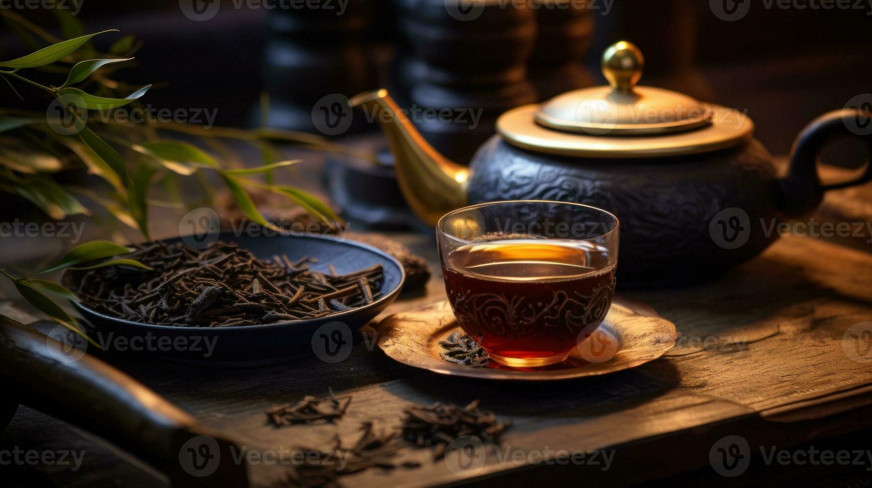 AI generated Warm Tea Ambiance. A serene setting with tea cups and pot and scattered black pu-erh tea. Japanese tea ceremony. Perfect for themes of relaxation, hospitality or wellness photo