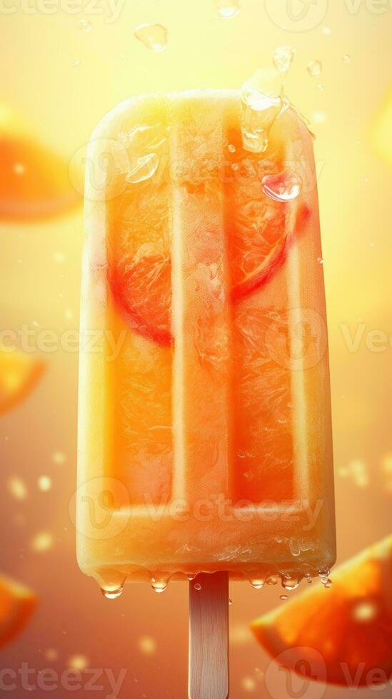 AI generated Close up of multicolored fruit ice cream against bright backdrop. Yummy Ice lolly. Vertical format. Great for dessert menus, food blogs, advertisements, magazines, recipe books photo