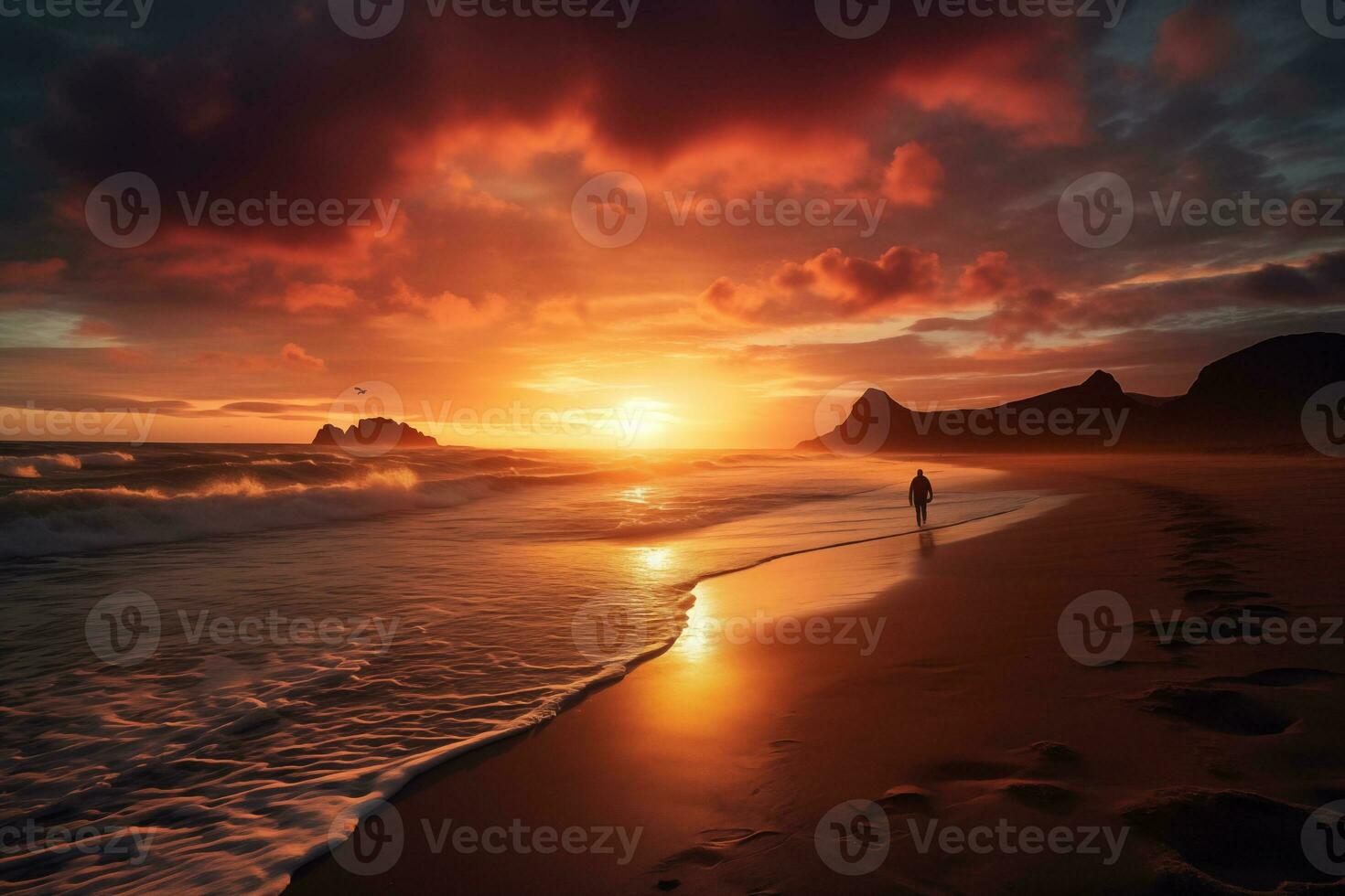 AI generated Amazing beach sunset with endless horizon and lonely figures in the distance, and incredible foamy waves. Volcanic hills in the background. photo