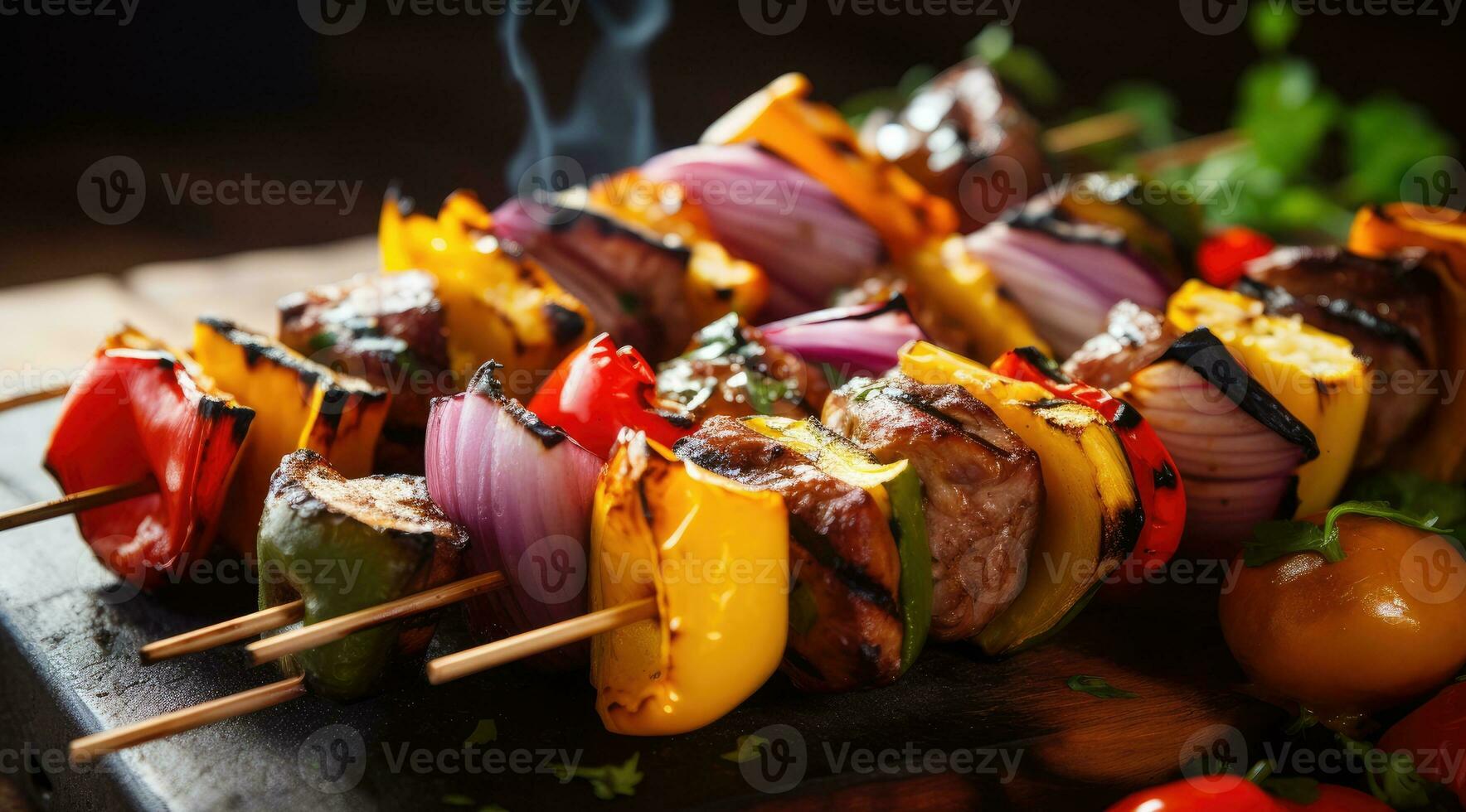 AI generated Barbecue with vegetable skewers. Healthy food background. photo