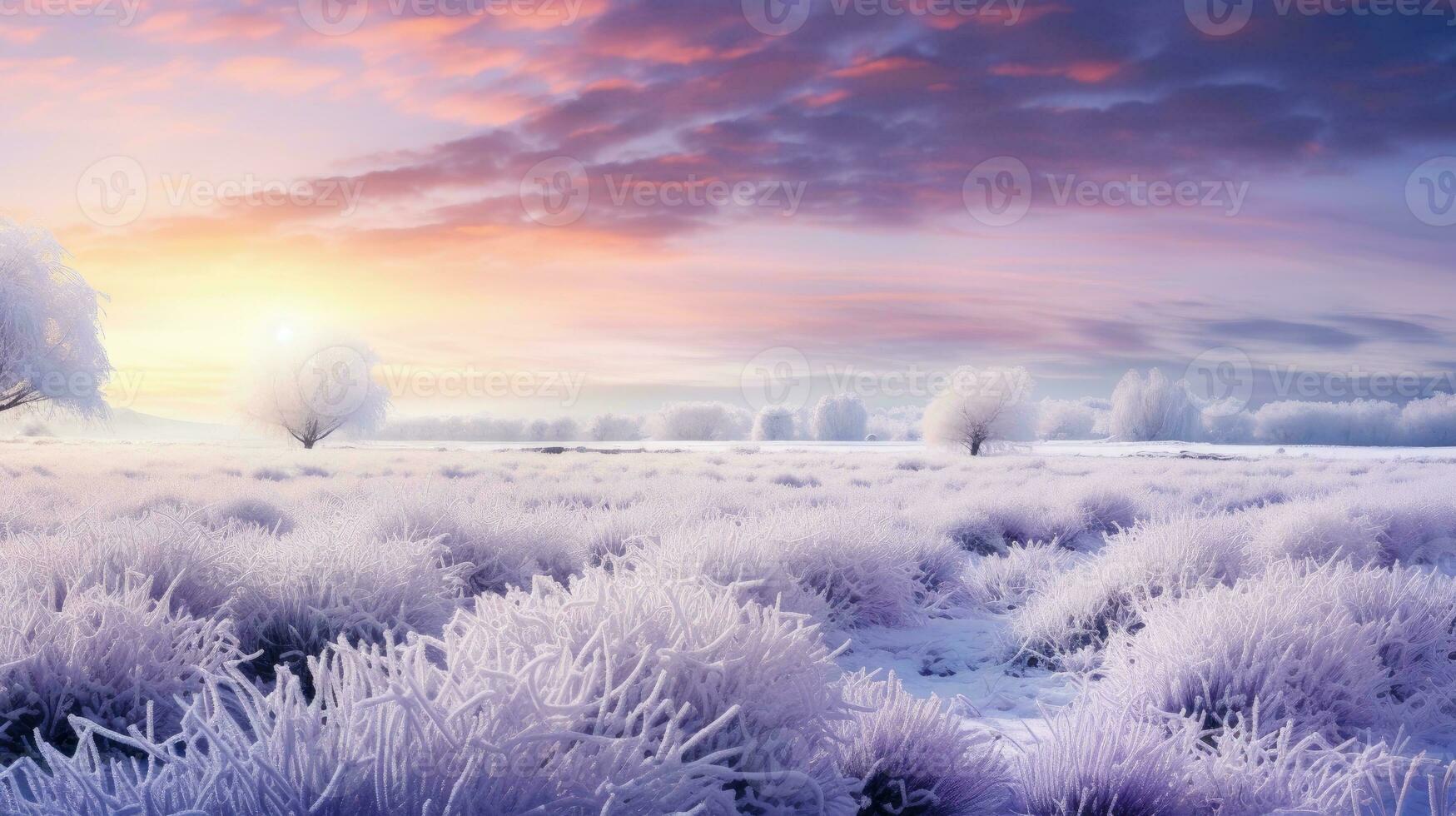 AI generated A frosty morning scene with snow covering a field of creating a magical winter landscape photo