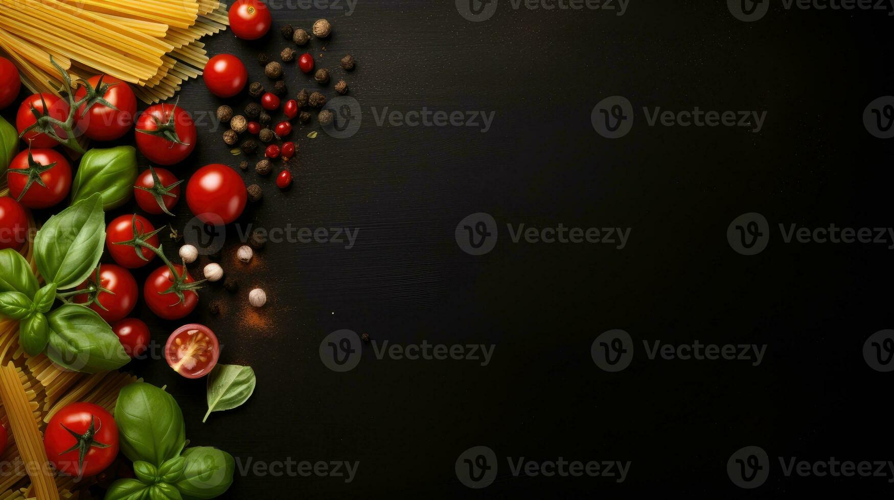 AI generated Food background. Italian food background with pasta, tomatoes and basil on a dark background. photo