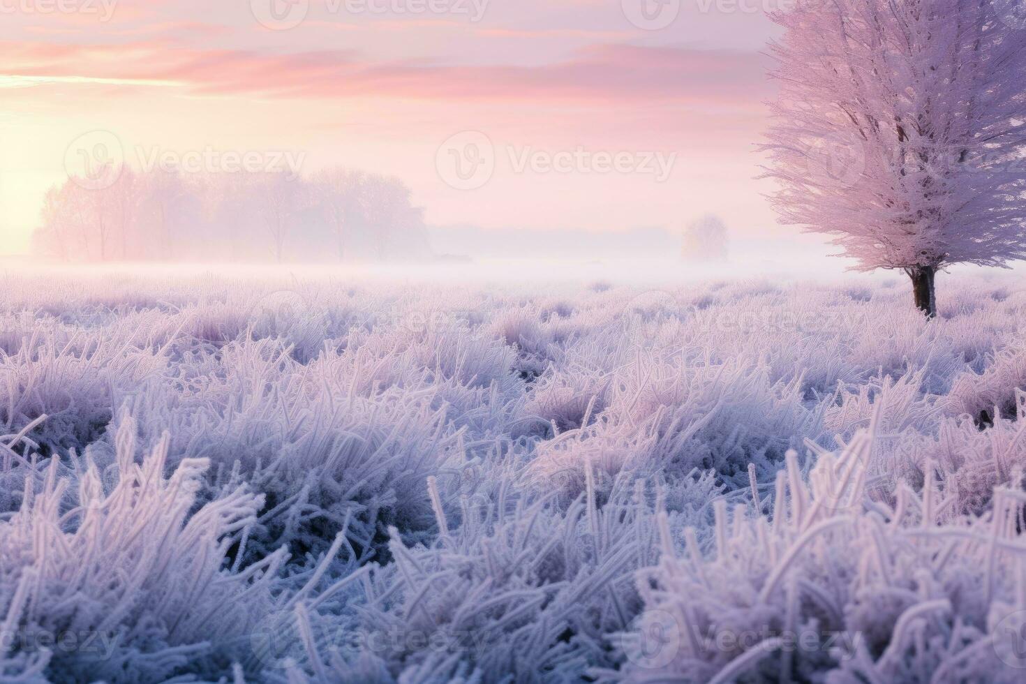 AI generated A frosty morning scene with snow covering a field of creating a magical winter landscape photo