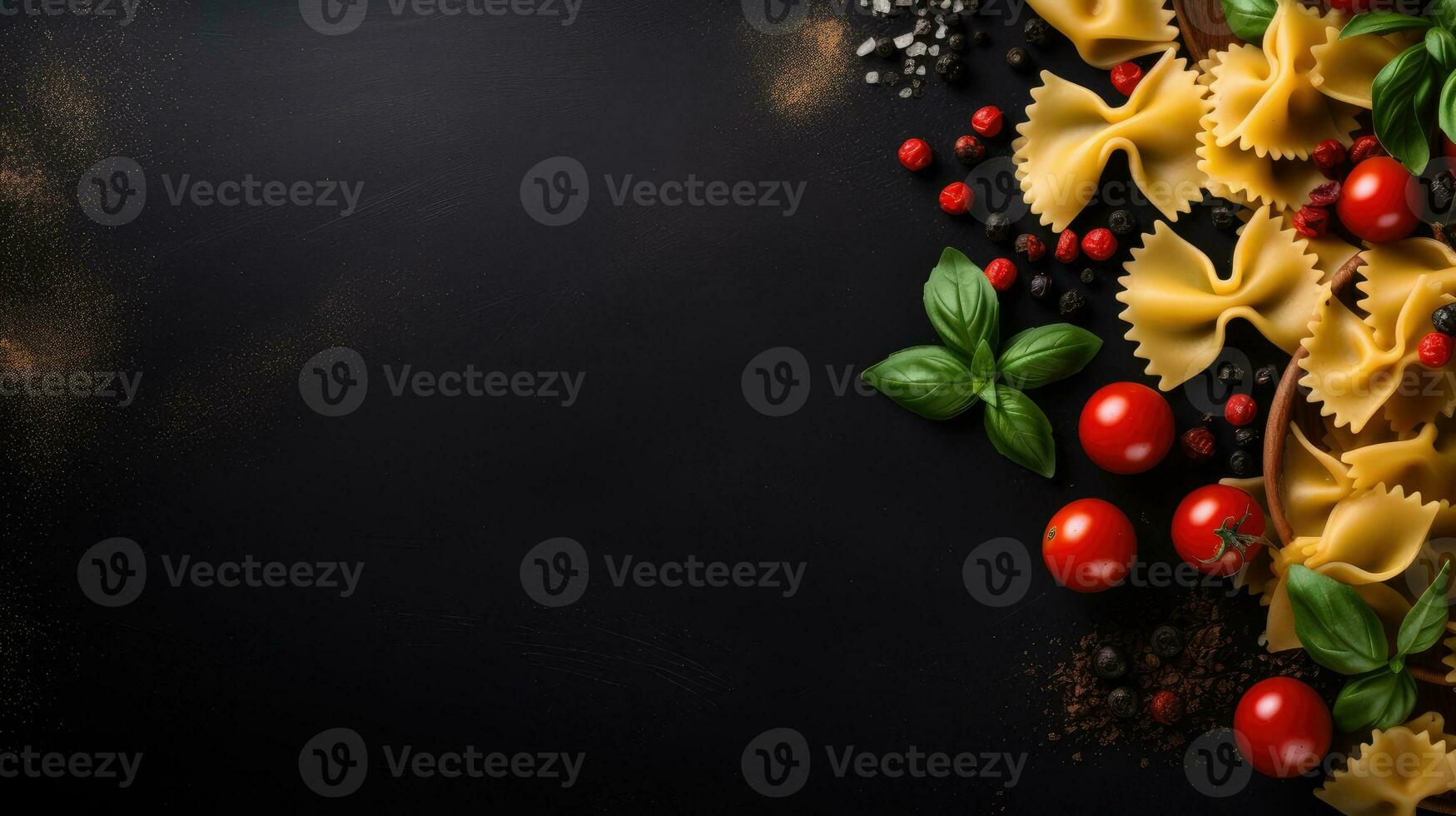 AI generated Food background. Italian food background with pasta, tomatoes and basil on a dark background. photo