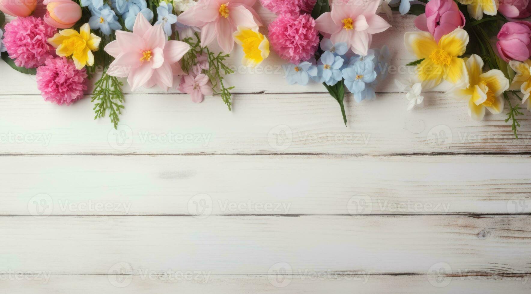 AI generated Spring background with color flowers on wooden background. photo