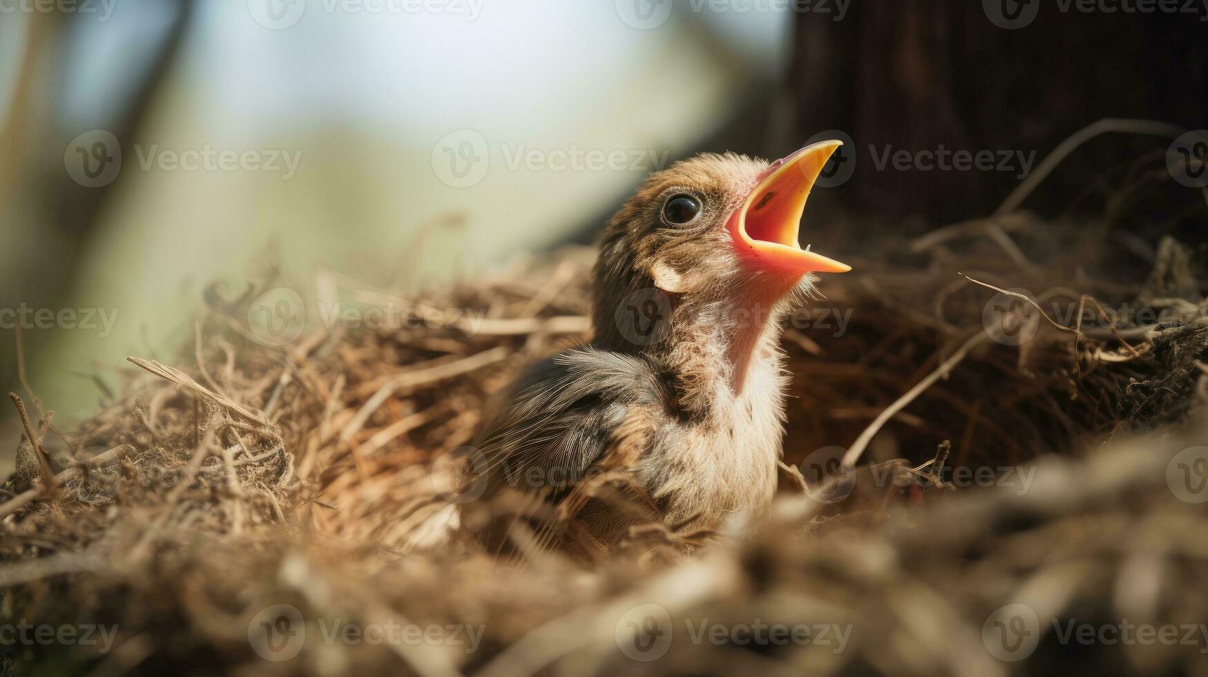 AI generated Young bird in nest with open mouth waiting to be fed. photo