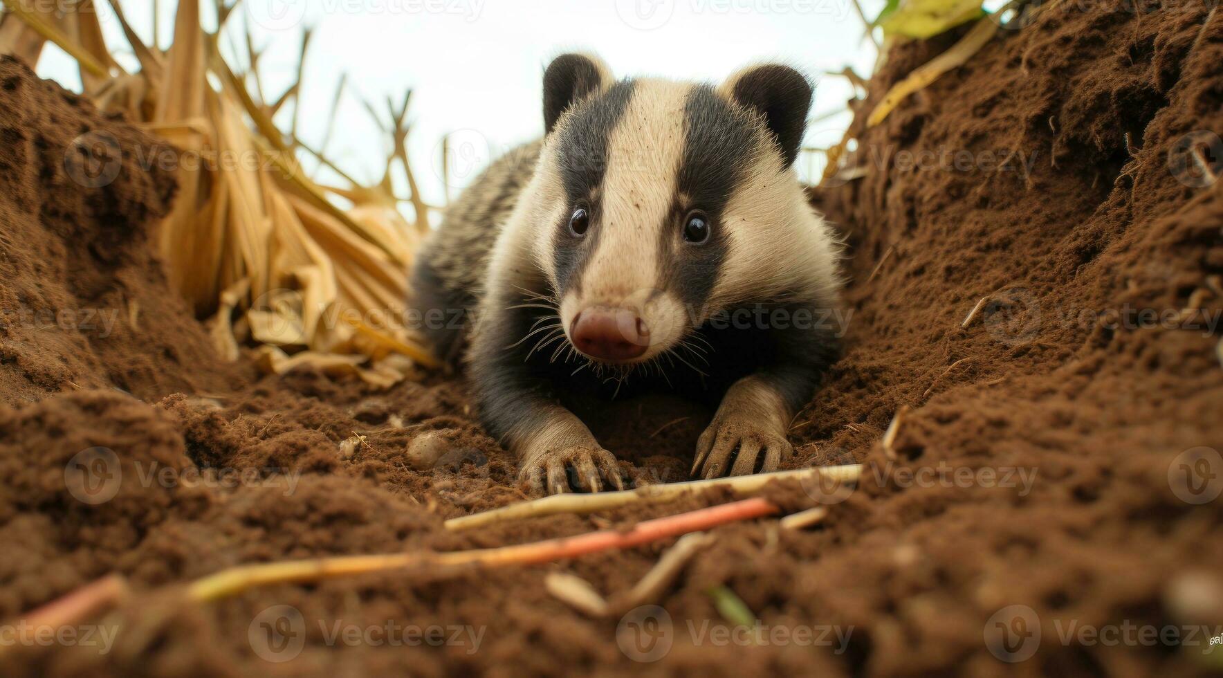 AI generated Shot of badger resting at entrance hole burrow mouth photo