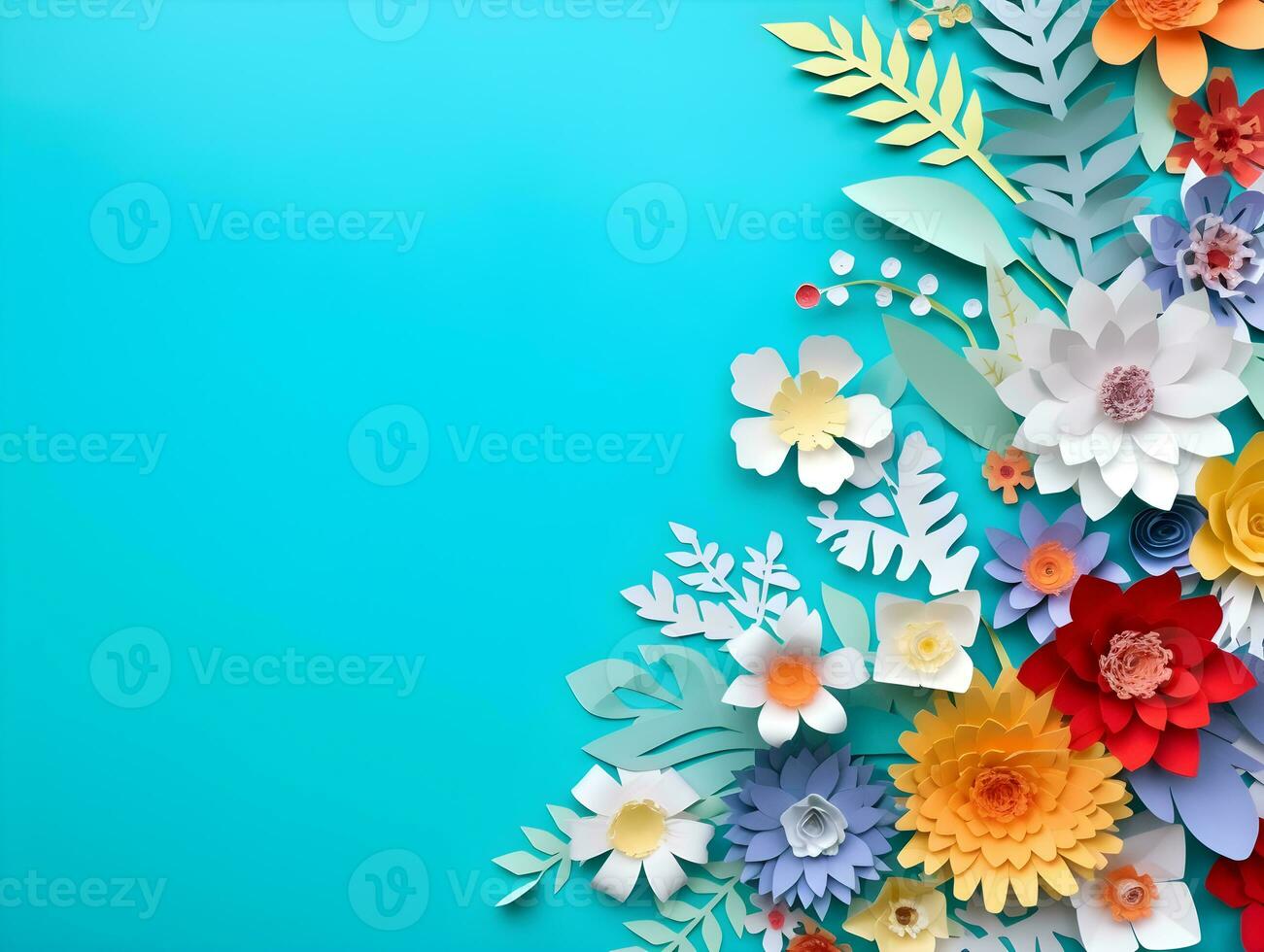 AI generated Top view of colorful paper cut flowers with green leaves on blue background with copy space. photo