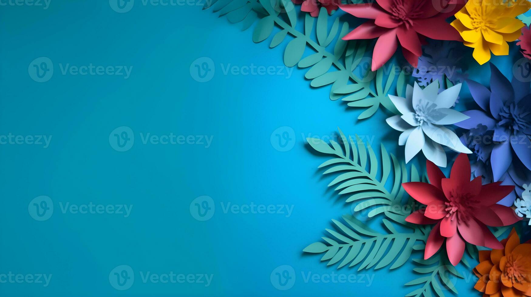 AI generated Top view of colorful paper cut flowers with green leaves on blue background with copy space. photo