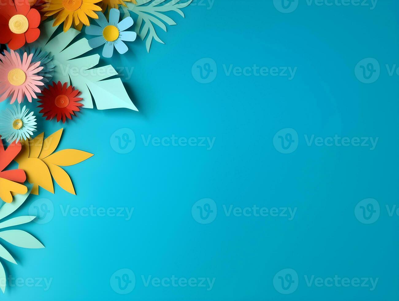 AI generated Top view of colorful paper cut flowers with green leaves on blue background with copy space. photo