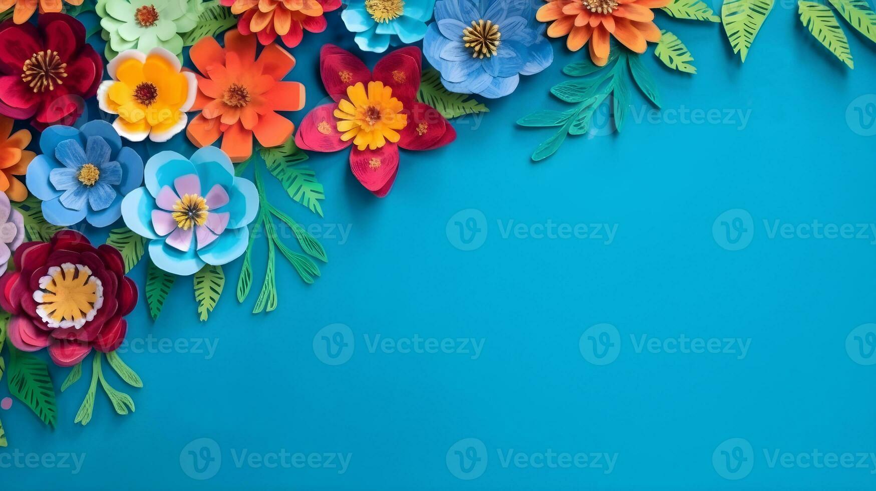 AI generated Top view of colorful paper cut flowers with green leaves on blue background with copy space. photo