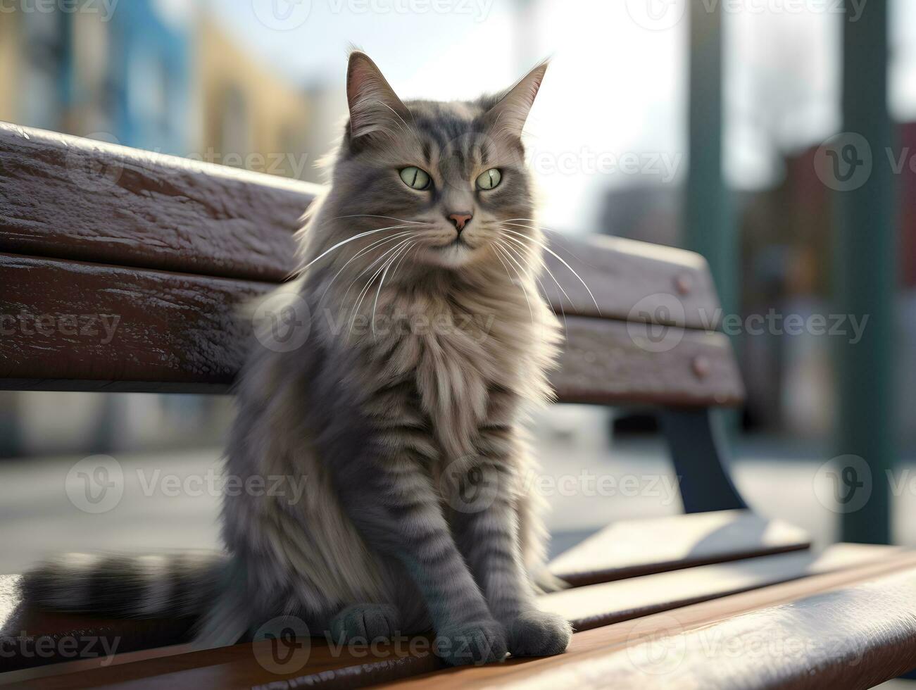 AI generated Cute siberian cat sitting on a bench in the garden. Persian cat relax on a wooden chair in the city park. photo