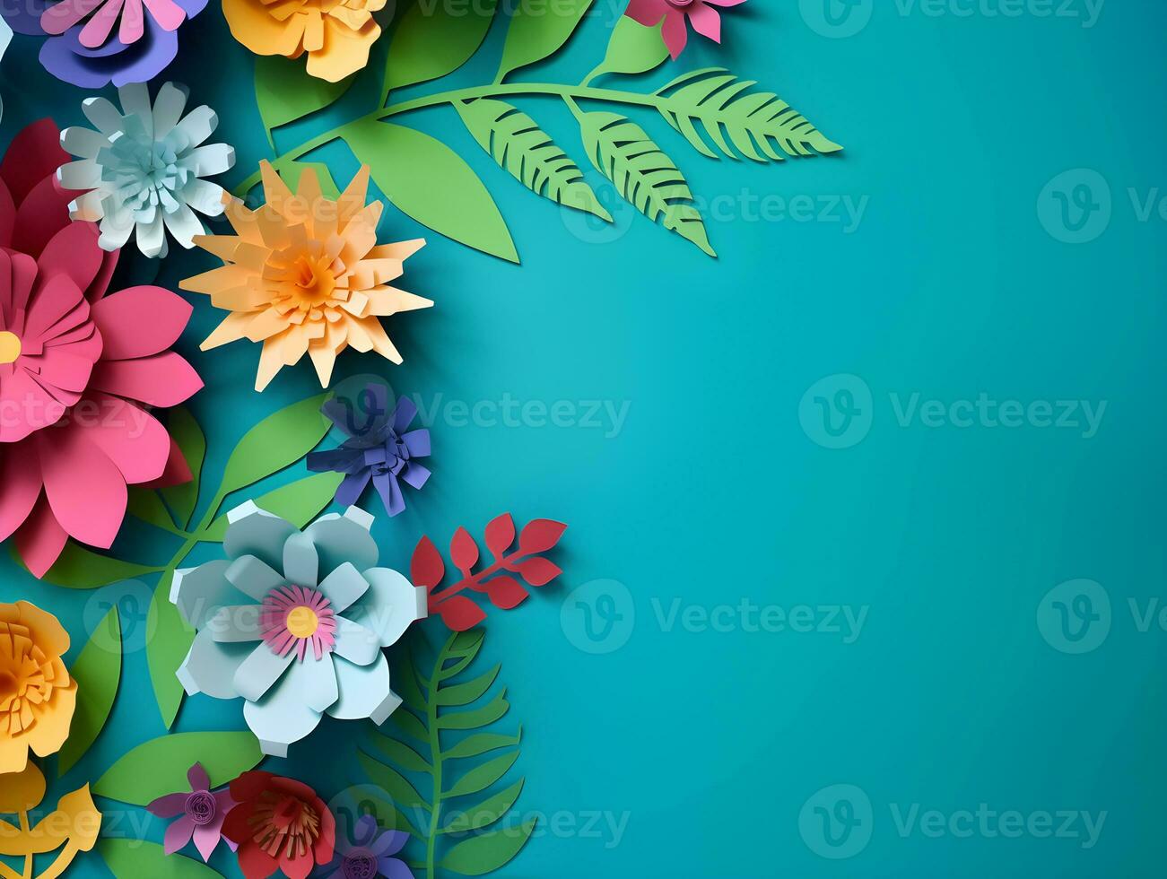AI generated Top view of colorful paper cut flowers with green leaves on blue background with copy space. photo
