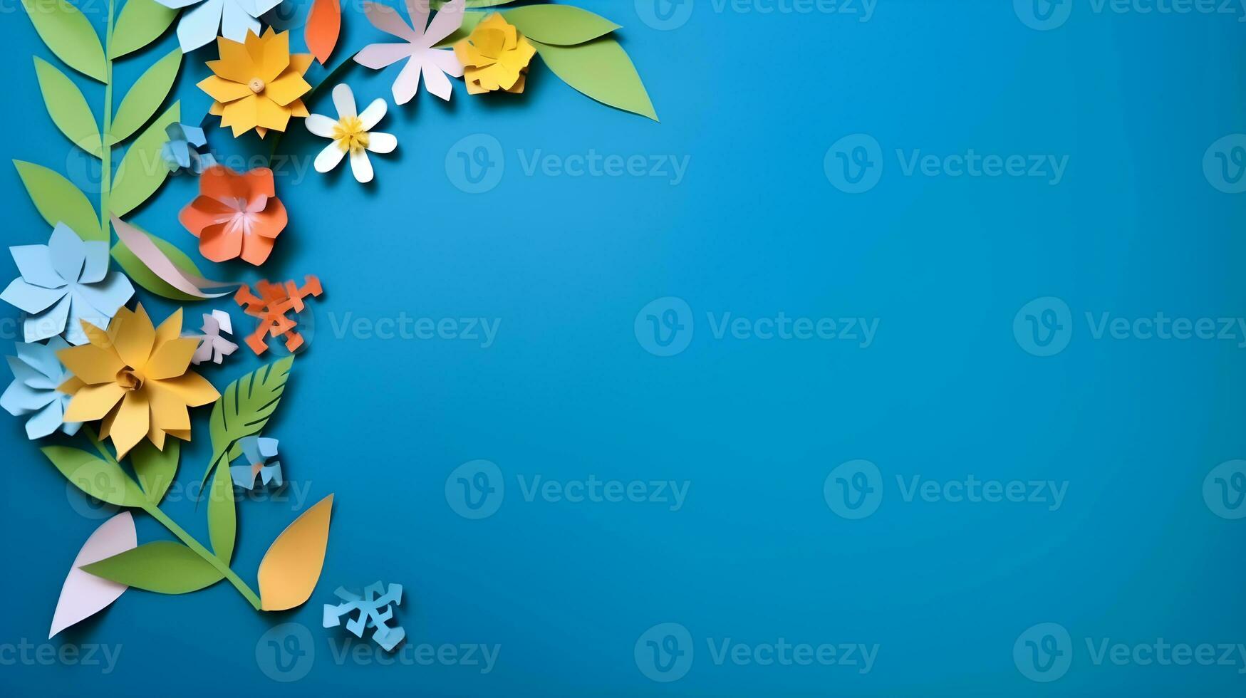 AI generated Top view of colorful paper cut flowers with green leaves on blue background with copy space. photo