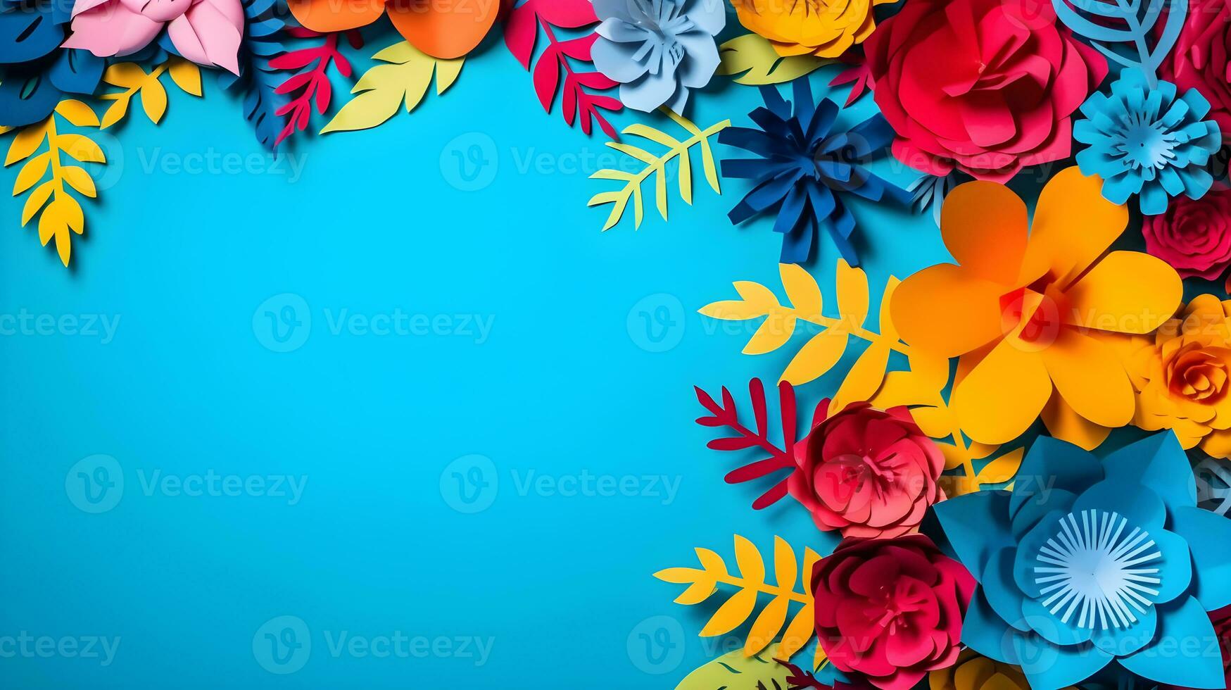 AI generated Top view of colorful paper cut flowers with green leaves on blue background with copy space. photo