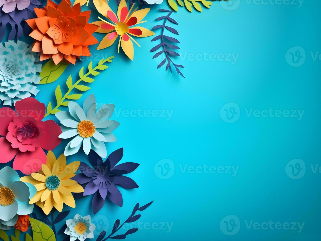 AI generated Top view of colorful paper cut flowers with green leaves on blue background with copy space. photo