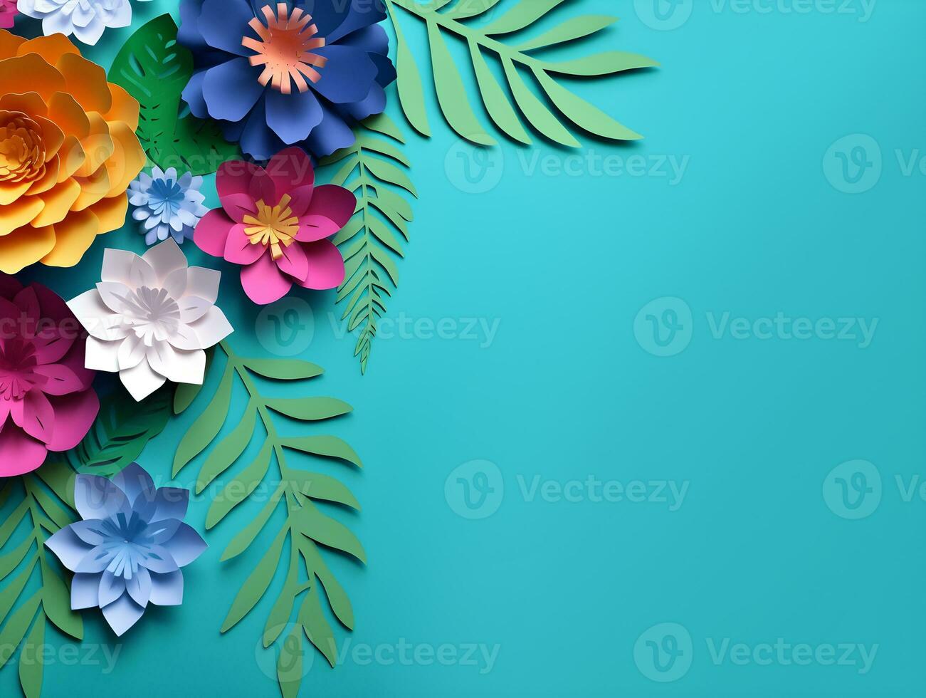 AI generated Top view of colorful paper cut flowers with green leaves on blue background with copy space. photo