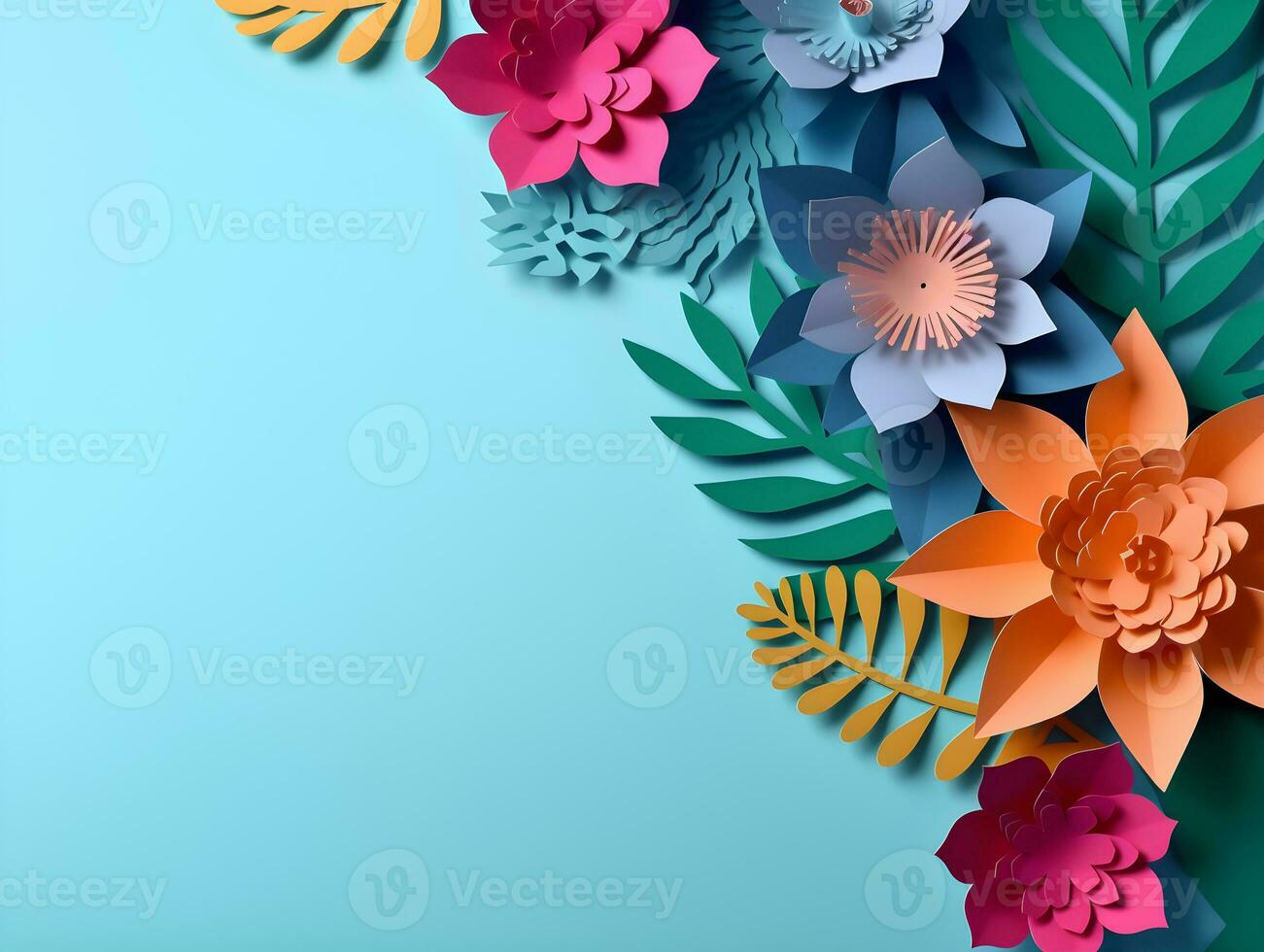 AI generated Top view of colorful paper cut flowers with green leaves on blue background with copy space. photo