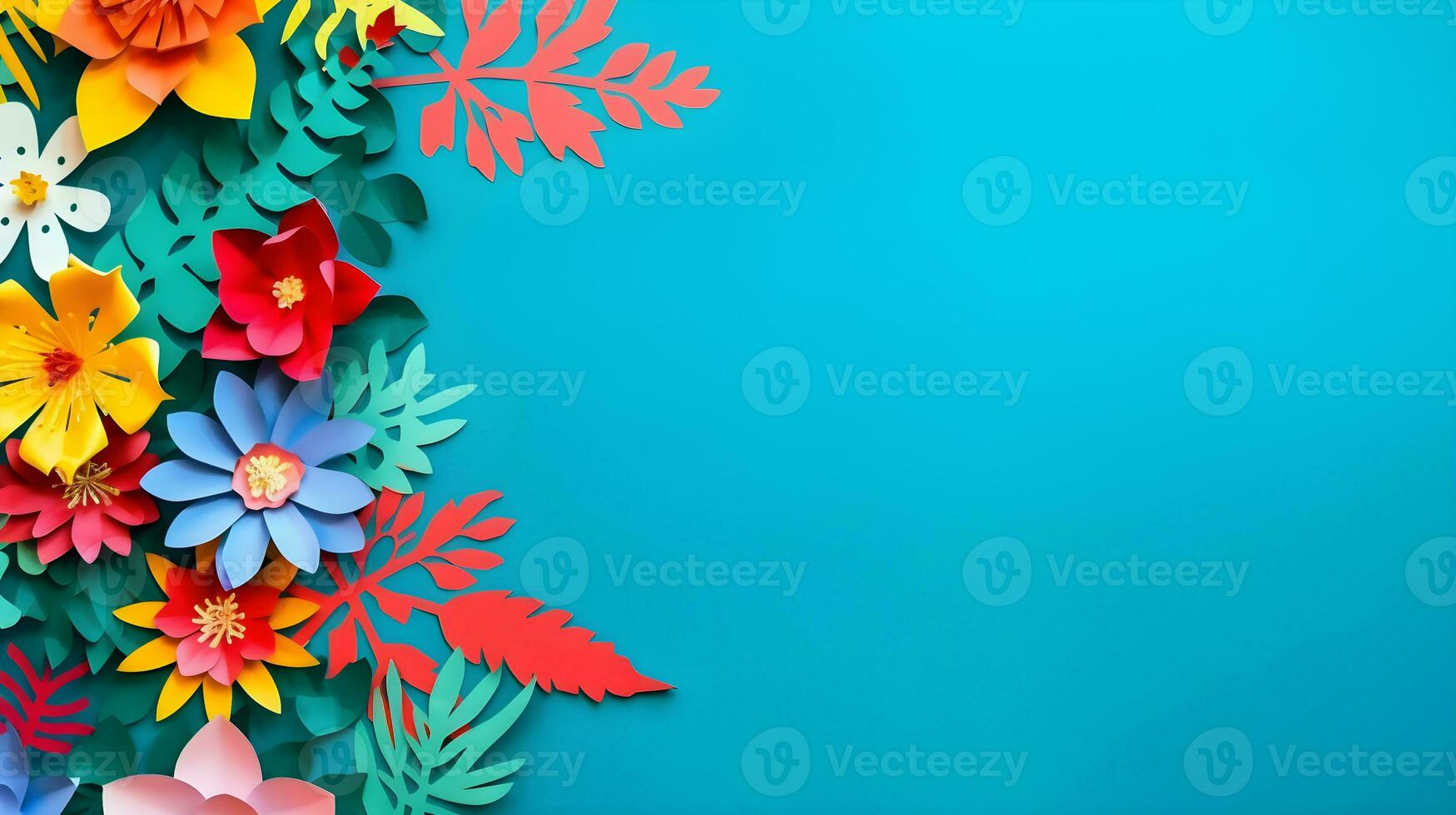 AI generated Top view of colorful paper cut flowers with green leaves on blue background with copy space. photo