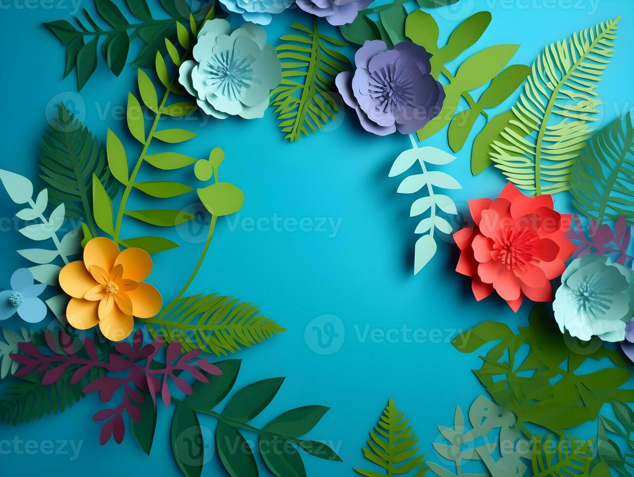 AI generated Top view of colorful paper cut flowers with green leaves on blue background with copy space. photo