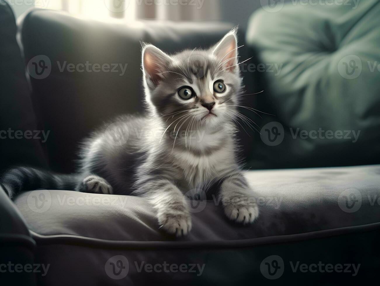 AI generated portrait of little cat relaxing on the soft couch in the living room. Adorable funny domestic little small kitty sleeping on couch at animal pet house. photo