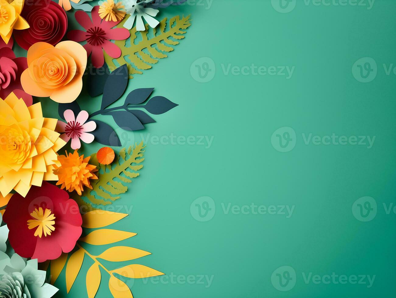 AI generated Top view of colorful paper cut flowers with green leaves on blue background with copy space. photo