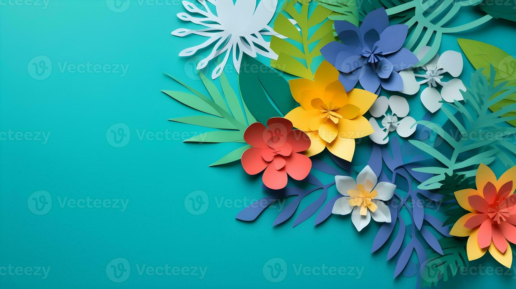 AI generated Top view of colorful paper cut flowers with green leaves on blue background with copy space. photo