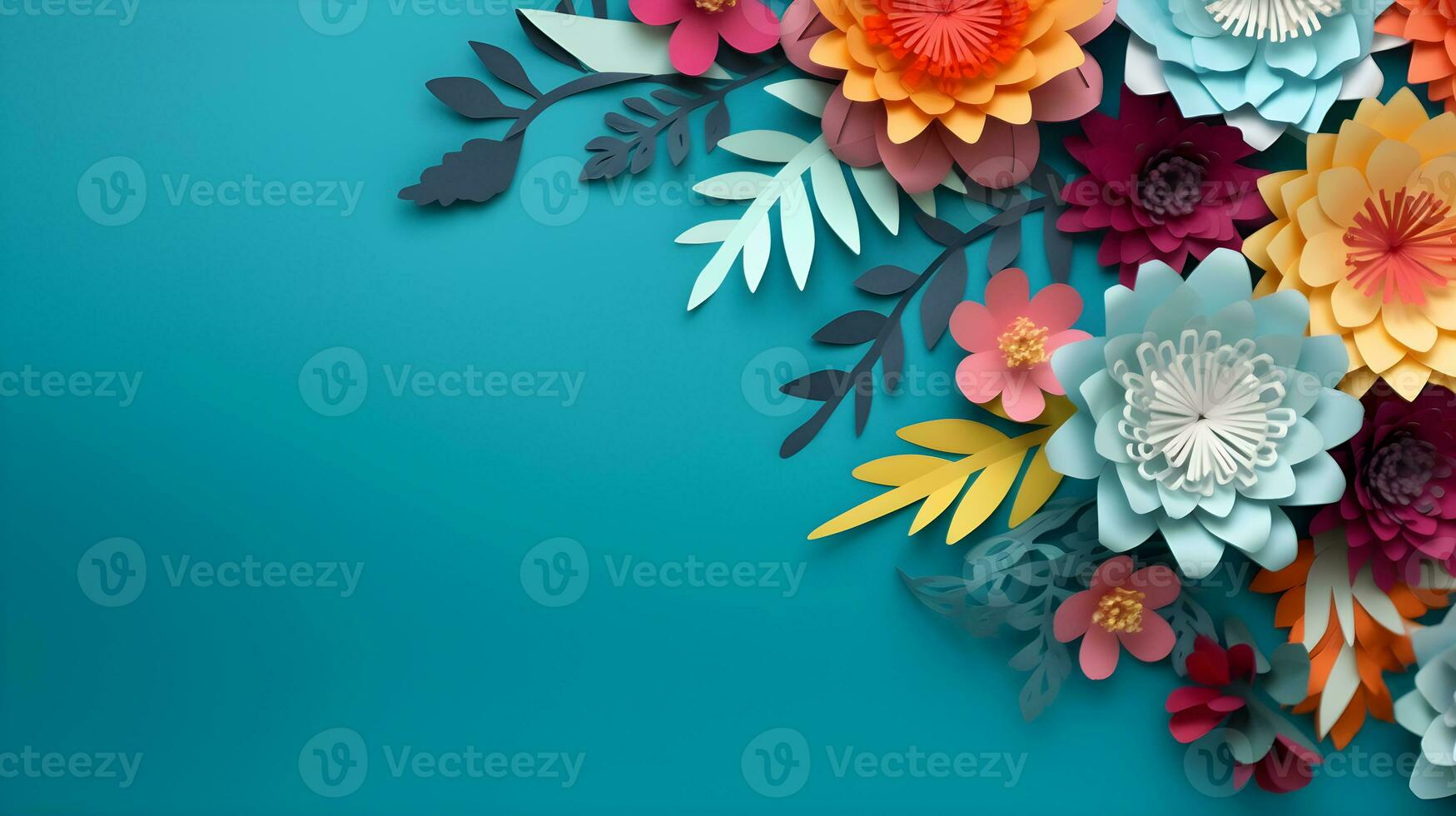 AI generated Top view of colorful paper cut flowers with green leaves on blue background with copy space. photo