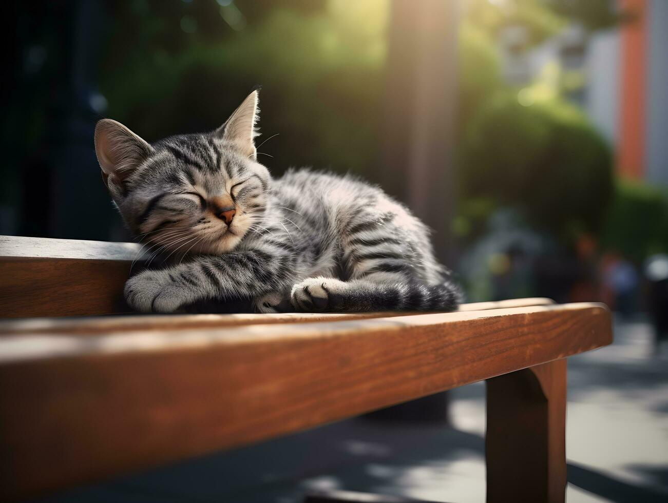 AI generated Little cute Cat sleeping on a bench in the garden of city park. photo