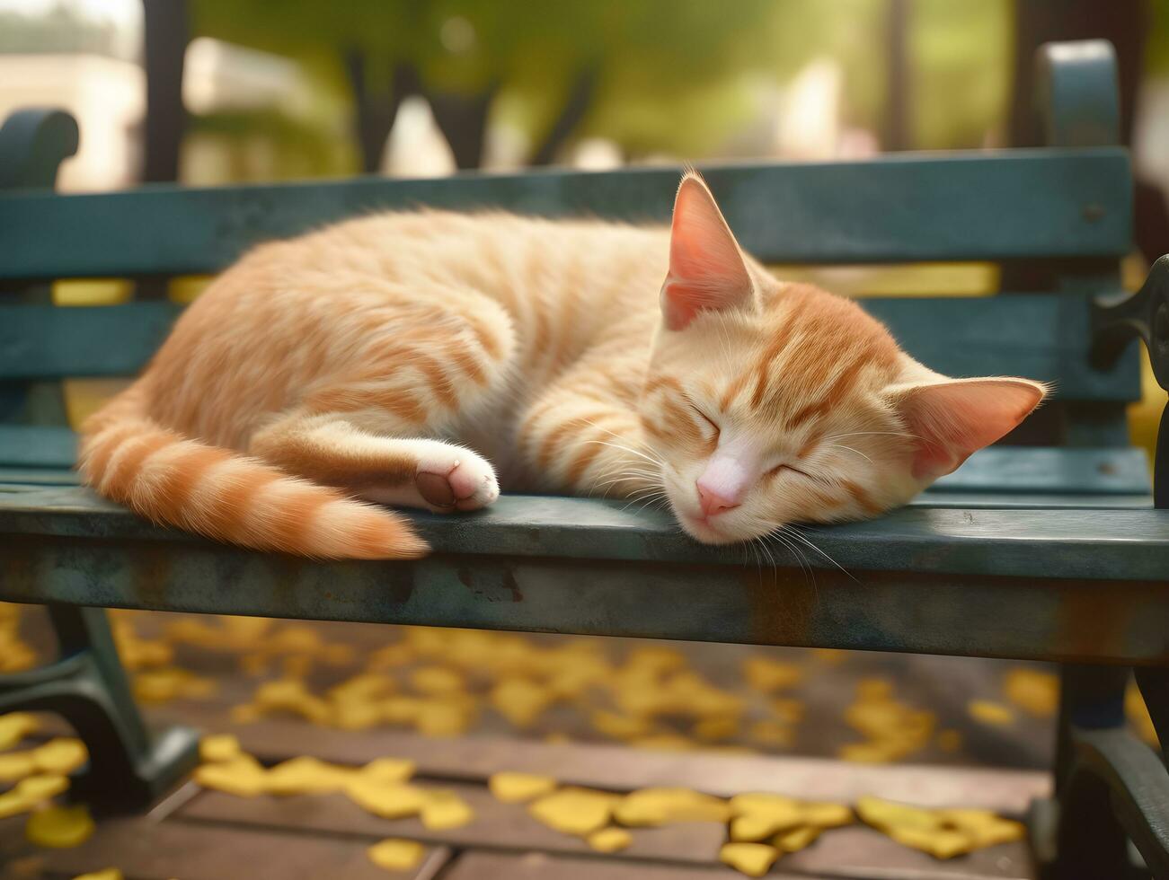 AI generated Little cute Cat sleeping on a bench in the garden of city park. photo