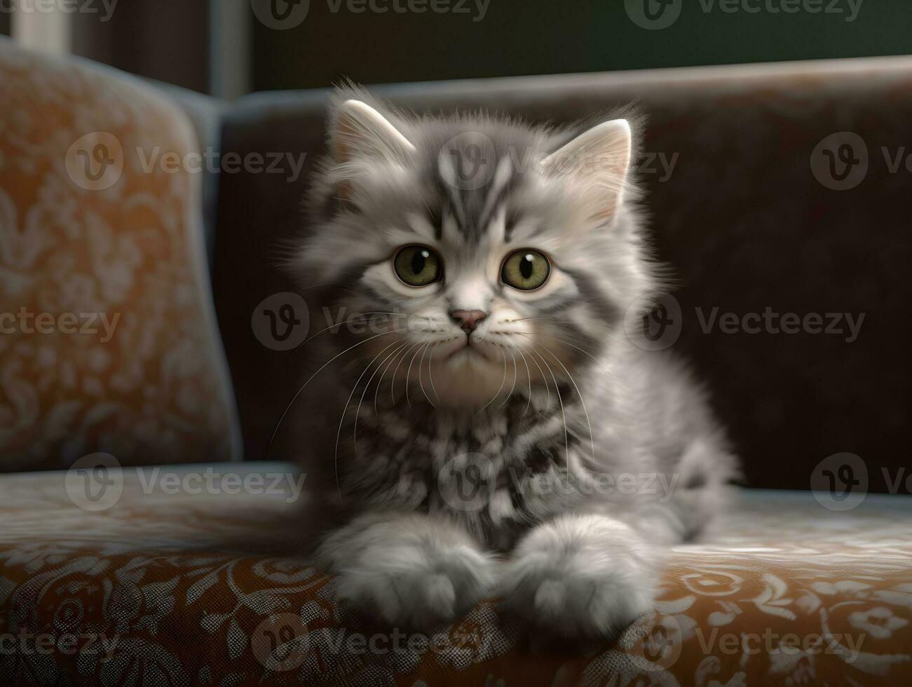AI generated portrait of little cat relaxing on the soft couch in the living room. Adorable funny domestic little small kitty sleeping on couch at animal pet house. photo