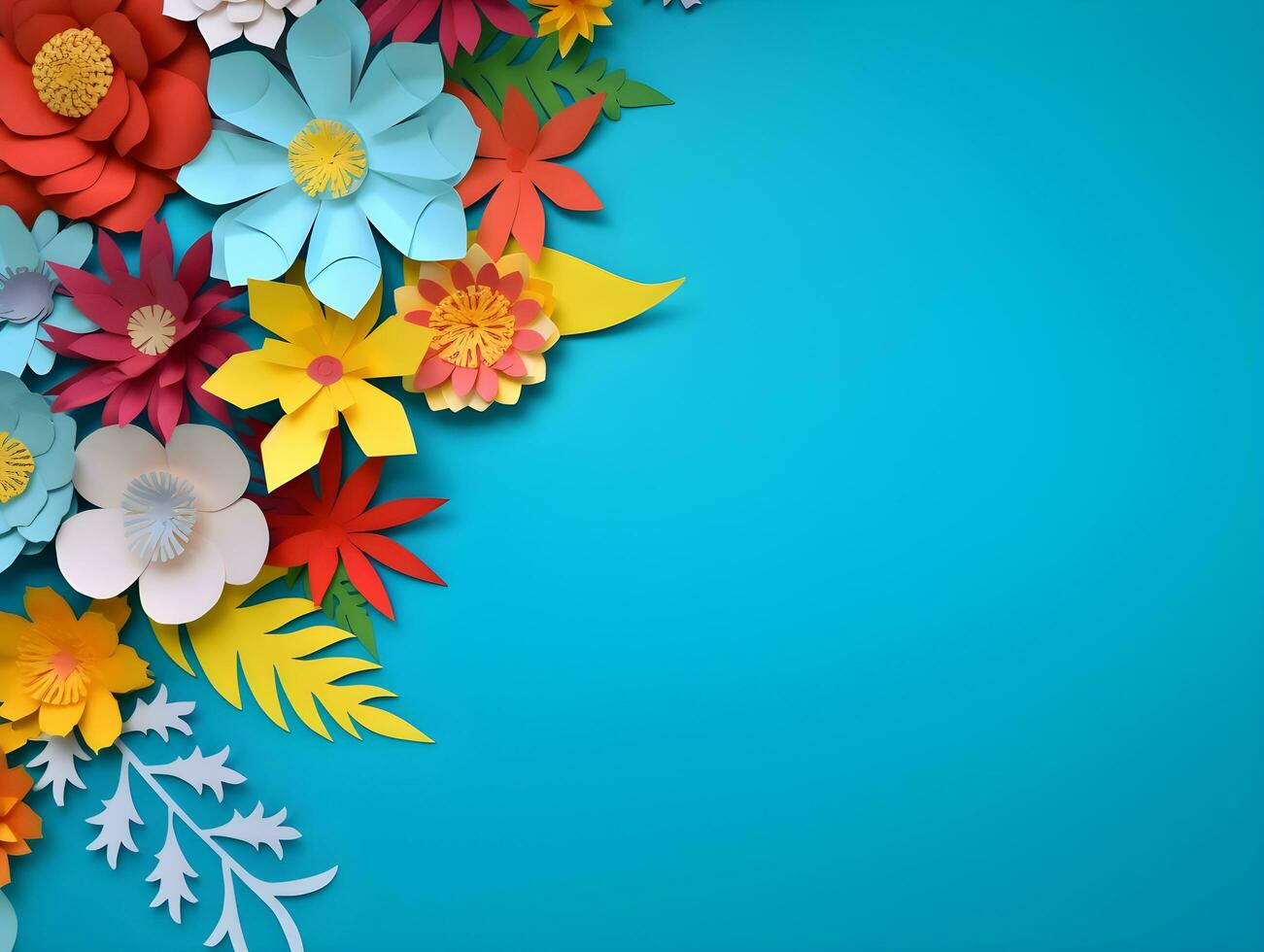 AI generated Top view of colorful paper cut flowers with green leaves on blue background with copy space. photo