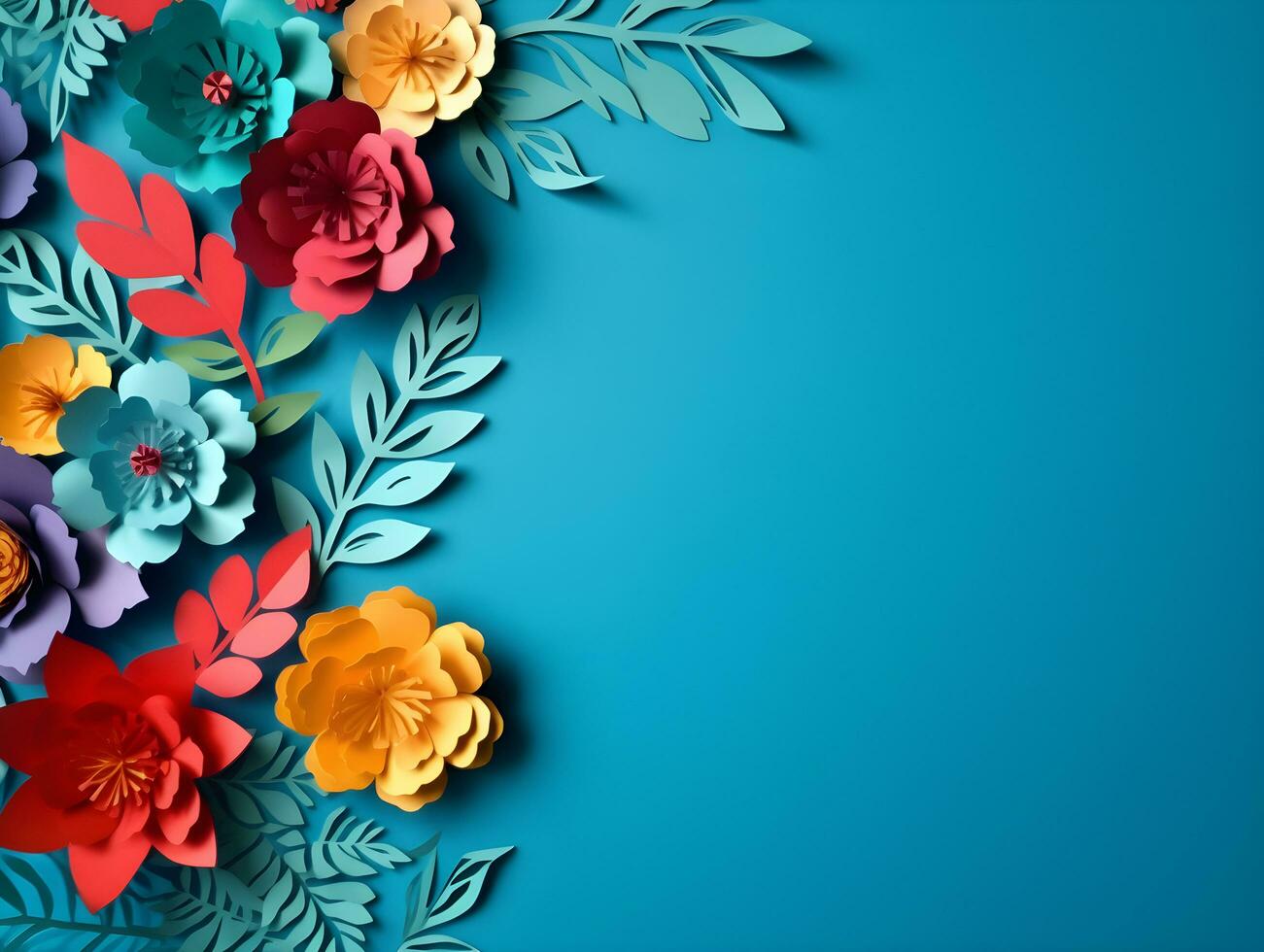 AI generated Top view of colorful paper cut flowers with green leaves on blue background with copy space. photo